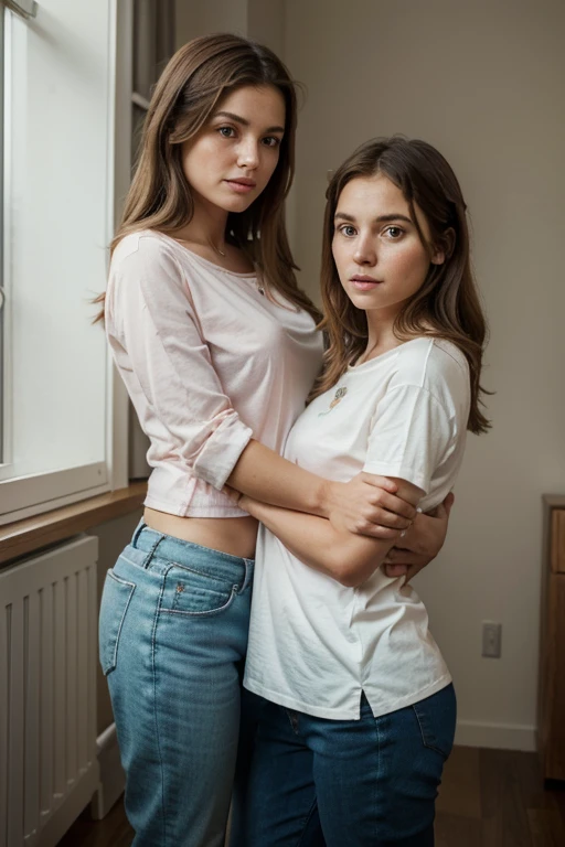 Make a mother with a daughter.
This mother must have children's clothes and the daughter must have adult clothes.
They must be indoors.
The mother acts like a child and the daughter like an adult, comforting her.
Ultra realistic photo, 8k quality, fullhd