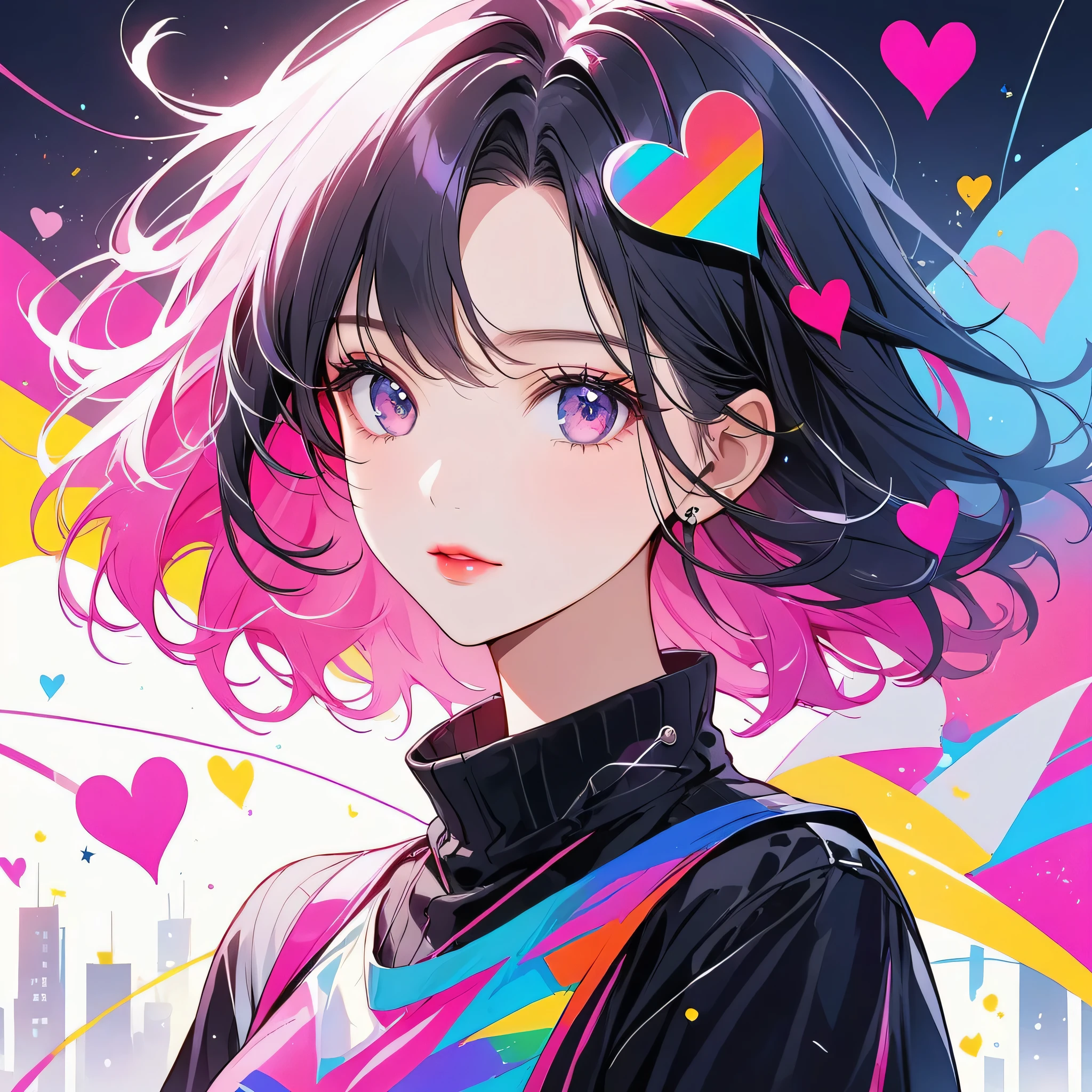 Black Star Pink and White style, Simple Line Initialism,Abstract art,Urban Background, (((The most beautiful girl of all time))), Sweet face. Lips in love, colorful hearts, stylish design