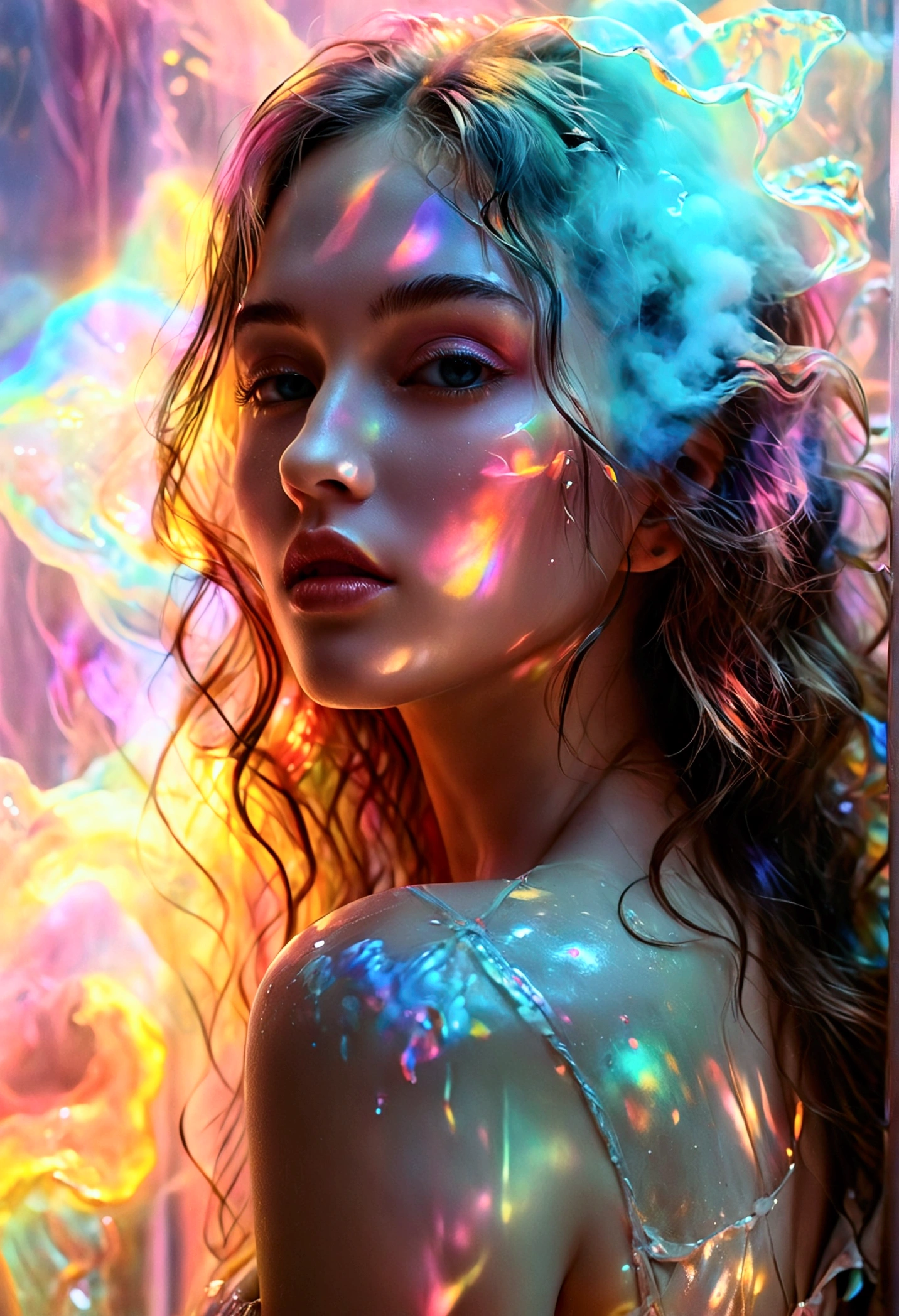 Gorgeous, Space , against the backdrop of bright multi-colored fog, Art, boudoir, water light ink, pigment and water, painted cloud, light fog, the image of a woman can be traced, double exposure, [seductive, extremely sexy, ultra-feminine student body like Dakota Tyler, Jessica Alba&#39;s face in the movie &quot;Dark Angel&quot; as Max Guevara, Sexy Woman Self-Luminous Jelly Girl Android], (Ultra detailed sexy jelly facial features:1.3), [brilliant lively shiny oily radiant luminiscent regenbogen-bunte Kleidung, Hair of bright rainbow colors], [(Go to high heels):1.2, Full body shot with her long legs, ideal, slim, slim Beinen]:1.2 (RAW photo, 16 thousand., masterpiece, Best quality: 1.2), (ultra realism, highly detailed and complex realism: 1.3), (large depth of field, Radiation mapping, Ray tracing, divine rays: 1.2), high dynamic range, lively, super rich details, clear shadows and light, physically correct reflections, realistic, intensive, improved contrast,((bare belly, perfectly beautiful navel, no red eyelids,, no dark circles under the eyes))
Information
