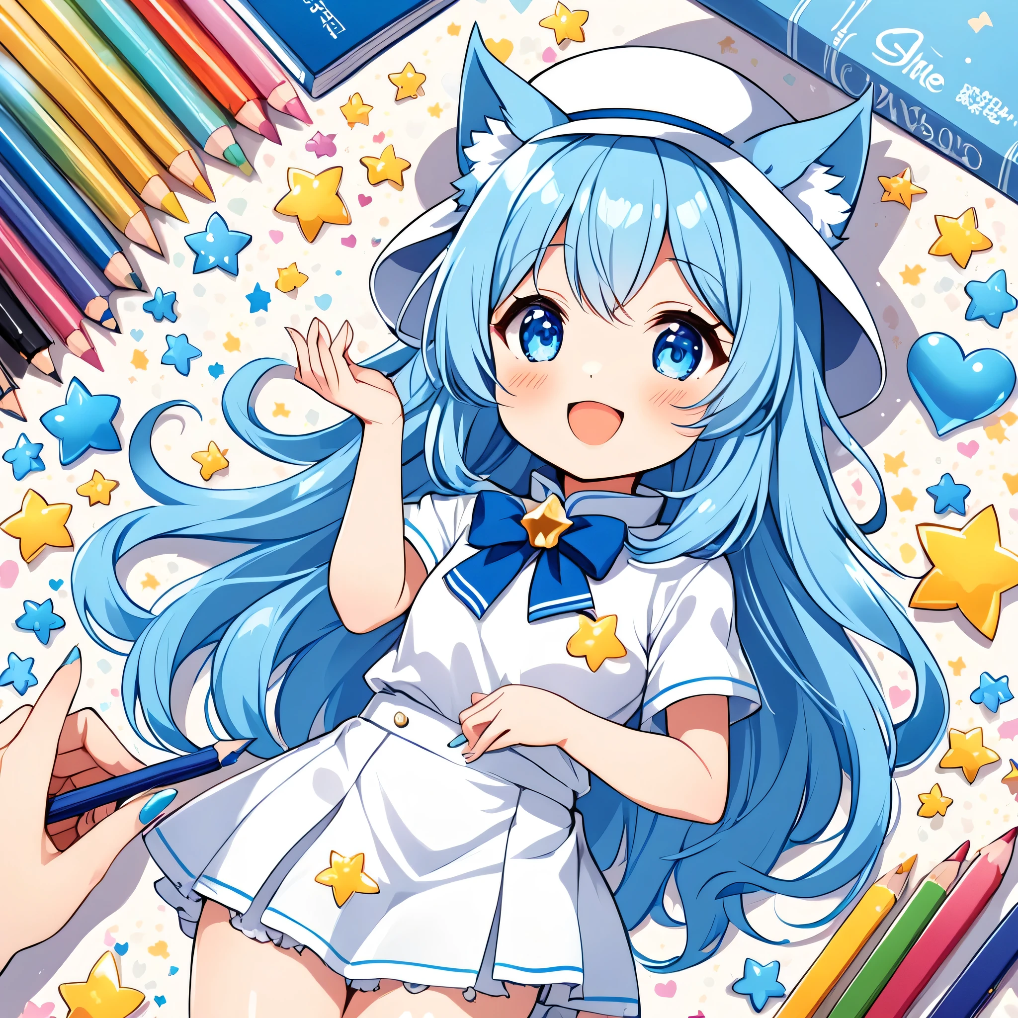 The mascot of the Anime Lover Brazil website is a  Japanese demi-human journalist with a charming appearance and a vibrant personality.. Your hair is sky blue, long and a little wavy, falling gracefully from the shoulders. Your eyes are big and clear, always glowing with curiosity and enthusiasm. The skin is clear and smooth, highlighting your semi-human nature with a delicate lightness.The mascot has wolf ears covered in soft blue fur, positioned on top of the head, giving a lovely and distinctive appearance. She has a blue wolf tail that wags happily, reflecting your emotions.For the summer look, the mascot wears an elegant hat, a white micro t-shirt with a high collar and no drawings or illustrations, well-fitting and beautifully designed suitable for your age, and a low-waisted pencil skirt decorated with small stars or flower designs for a stylish touch. . Her feet are slender and exposed appropriately and innocently, destacando sua figura esbelta. She also wears small heart or star shaped earrings., adding extra charm.The mascot is often seen with its arms cutely crossed or with one hand raised, as if explaining something enthusiastically. She always wears a beaming smile or an expression of curiosity, ready to discover new stories.