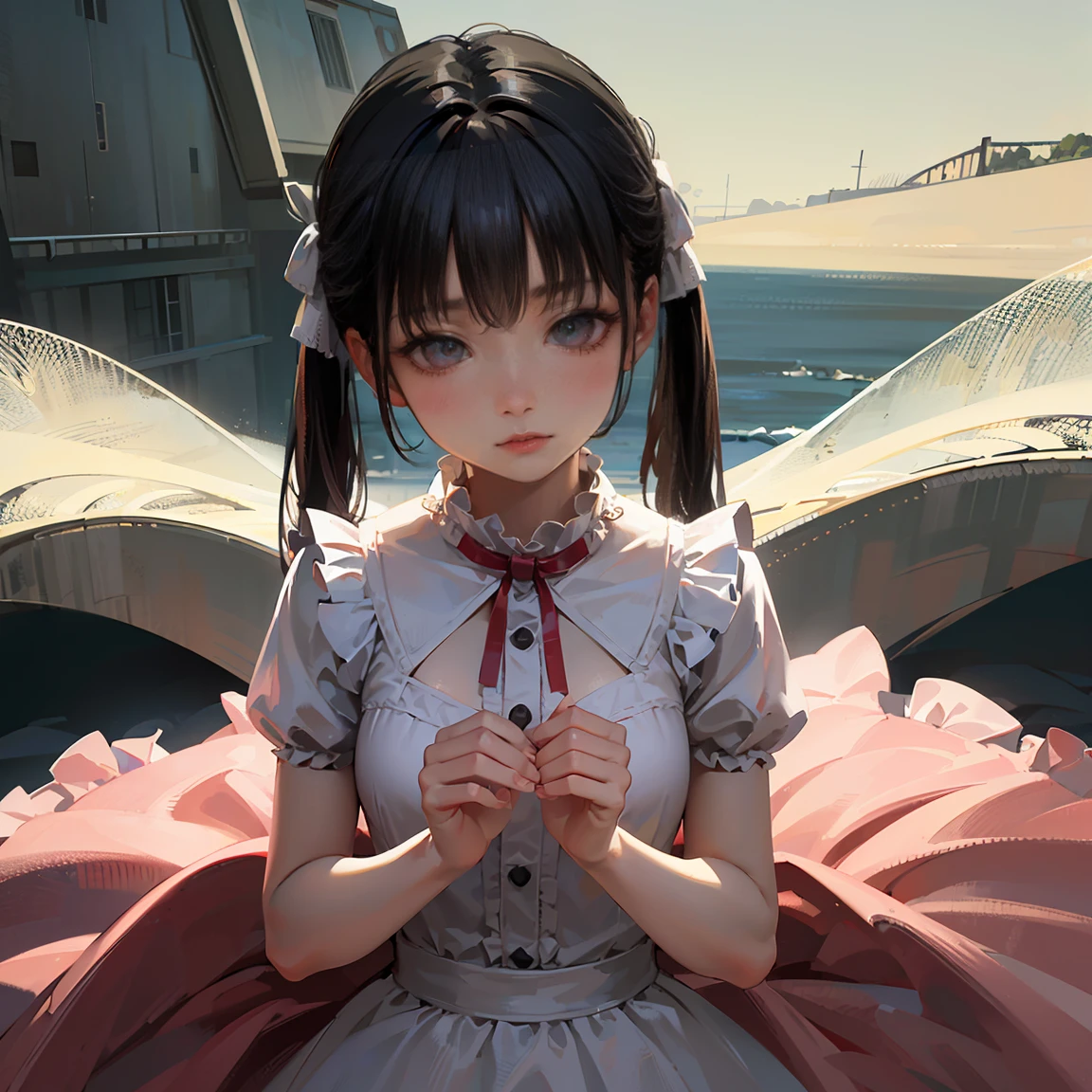 (8k, RAW Photos, Highest quality, masterpiece: 1.2), (Real、Photorealistic: 1.4), (Highly detailed 8K wallpapers), Very delicate and beautiful, Ultra-high resolution, 3d, A girl as cute as a doll, Red ribbon, Highly detailed pink dress, Twin tails, Blunt bangs, Highly detailed glossy black hair, Transparent white skin, large, round eyes, Thin lips, round face, From above, Looking at the camera, The best light, Perfect composition,