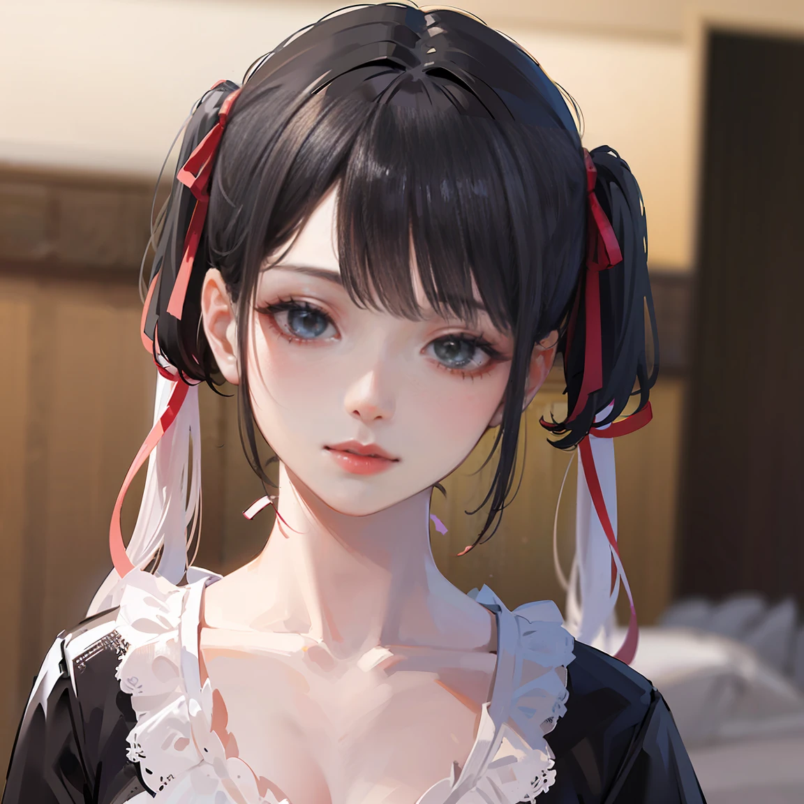 (8k, RAW Photos, Highest quality, masterpiece: 1.2), (Real、Photorealistic: 1.4), (Highly detailed 8K wallpapers), Very delicate and beautiful, Ultra-high resolution, 3d, A girl as cute as a doll, Red ribbon, Highly detailed pink dress, Twin tails, Blunt bangs, Highly detailed glossy black hair, Transparent white skin, large, round eyes, Thin lips, round face, From above, Looking at the camera, The best light, Perfect composition,

