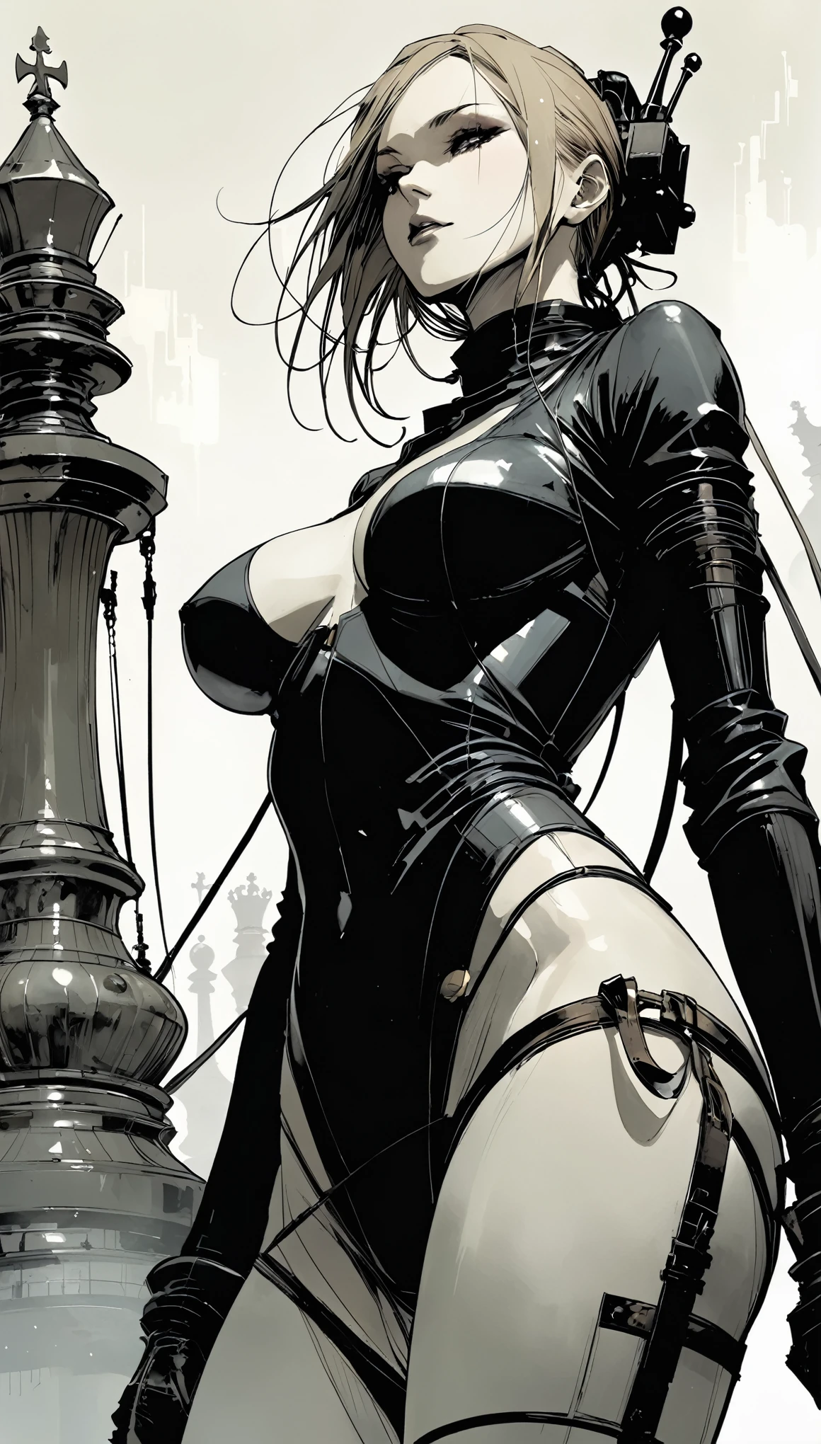 style of santiago caruso, Ashley Wood (Ashley Wood) style of, Giant Widowmaker，Central Composition，close up， Queen \(chess\),Graphic novel illustration