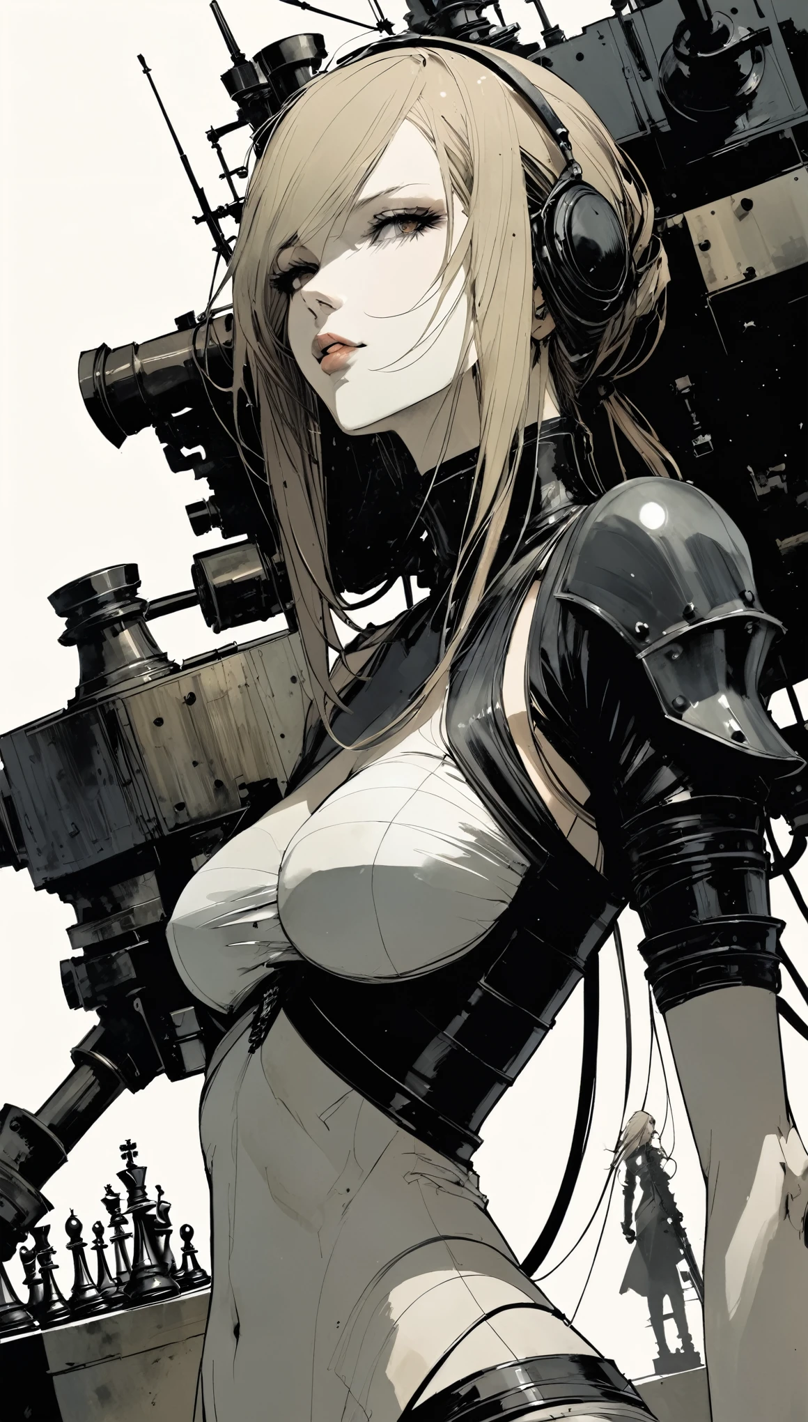 style of santiago caruso, Ashley Wood (Ashley Wood) style of, Giant Widowmaker,Central Composition,close up, Queen \(chess\),Graphic novel illustration