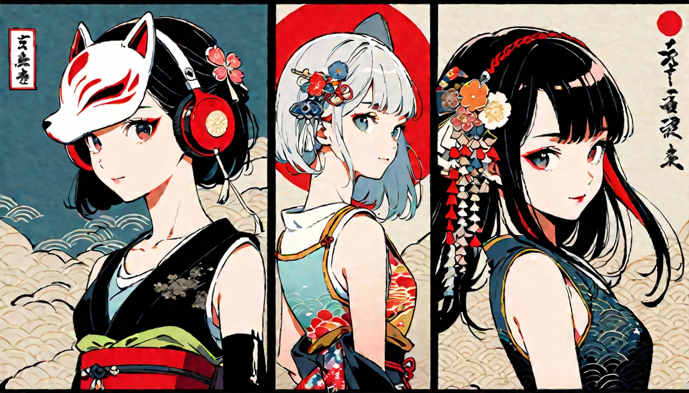 (((Ink Painting))), Fashion portrait color photos, (((twins))), (((Put a white fox mask on your head))), (((Japanese pattern tank top))), (((Very flashy hair accessories))), (((Very flashy makeup))), Japanese style headphones, smile, front view, Japan人の美少女, Black Hair, Delicate and precise, Modern ukiyo-e style,Japan, Japanese flag