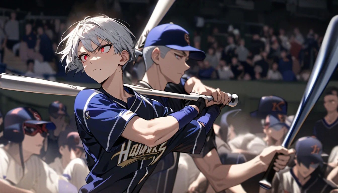 panoramic, (Professional baseball style) (Hold the bat with both hands), (full swing bat, hit ball go to stand), (16 yo, a crew cut silver hair very short hair) (Slender Slugger boy) (detailed cool red eyes, serious face), (in a Fukuoka SoftBank Hawks uniform), break, in the baseball batter's where, background Large crowd, BREAK, perfect anatomy, masterpiece, best quality, 16k, beautiful detailed grow, daydreaming expression.