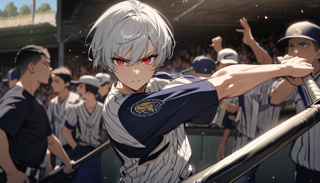 panoramic, (Professional baseball style) (Hold the bat with both hands), (full swing bat, hit ball go to stand), (16 yo, a crew cut silver hair very short hair) (Slender Slugger boy) (detailed cool red eyes, serious face), (in a Fukuoka SoftBank Hawks uniform), break, in the baseball batter's where, background Large crowd, BREAK, perfect anatomy, masterpiece, best quality, 16k, beautiful detailed grow, daydreaming expression.