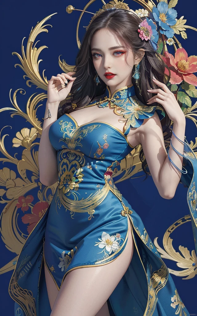 (masterpiece, Top quality, best quality, Official Art, beautiful and aesthetic:1.2), (1 Girl:1.3), Extremely detailed,(Fractal Art:1.1),(rich and colorful:1.1)(Flowers:1.3),The most detailed,(tangled:1.2), (Dynamic poses), (Blue Background:1.3), (Chinese dress:1.2), (Glowing skin), (Many colors:1.4), ,(earrings:1.4),