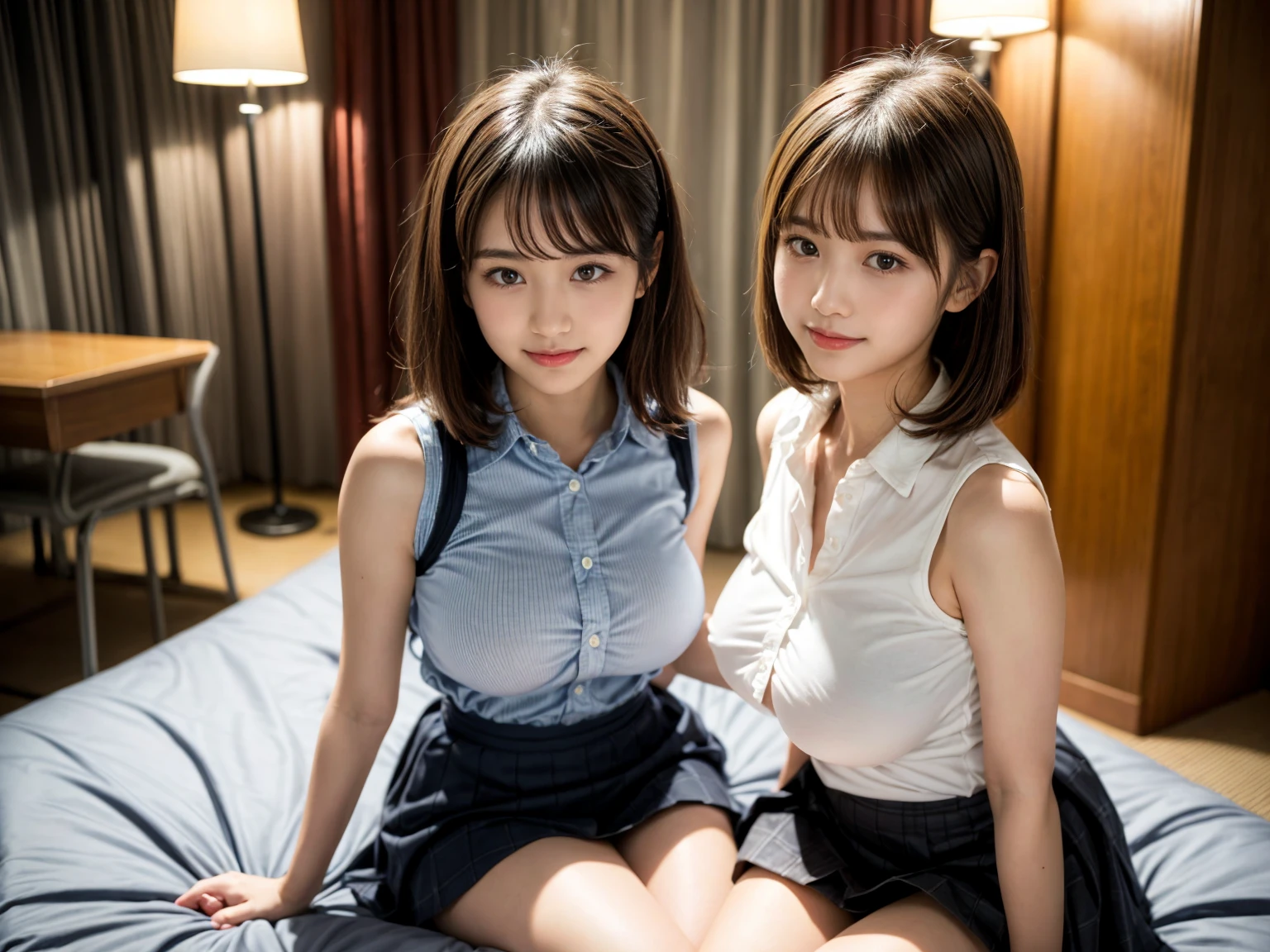 Highest quality、masterpiece、8K、Very detailed、Realistic、(Young face:1.4)、(Looks like an :1.4)、(Two girls are sitting side by side)、(Looking at me with a mischievous smile)、whole body、(Big Breasts)、Thin and beautiful legs、Tight and slim waist、Lace, see-through, tight sleeveless button-up and collared shirt、(See-through lace micro skirt)、Short Hair、(Erect nipples)、(She sits on the sofa, spreads her legs and lifts her skirt to show off her panties.:1.2)