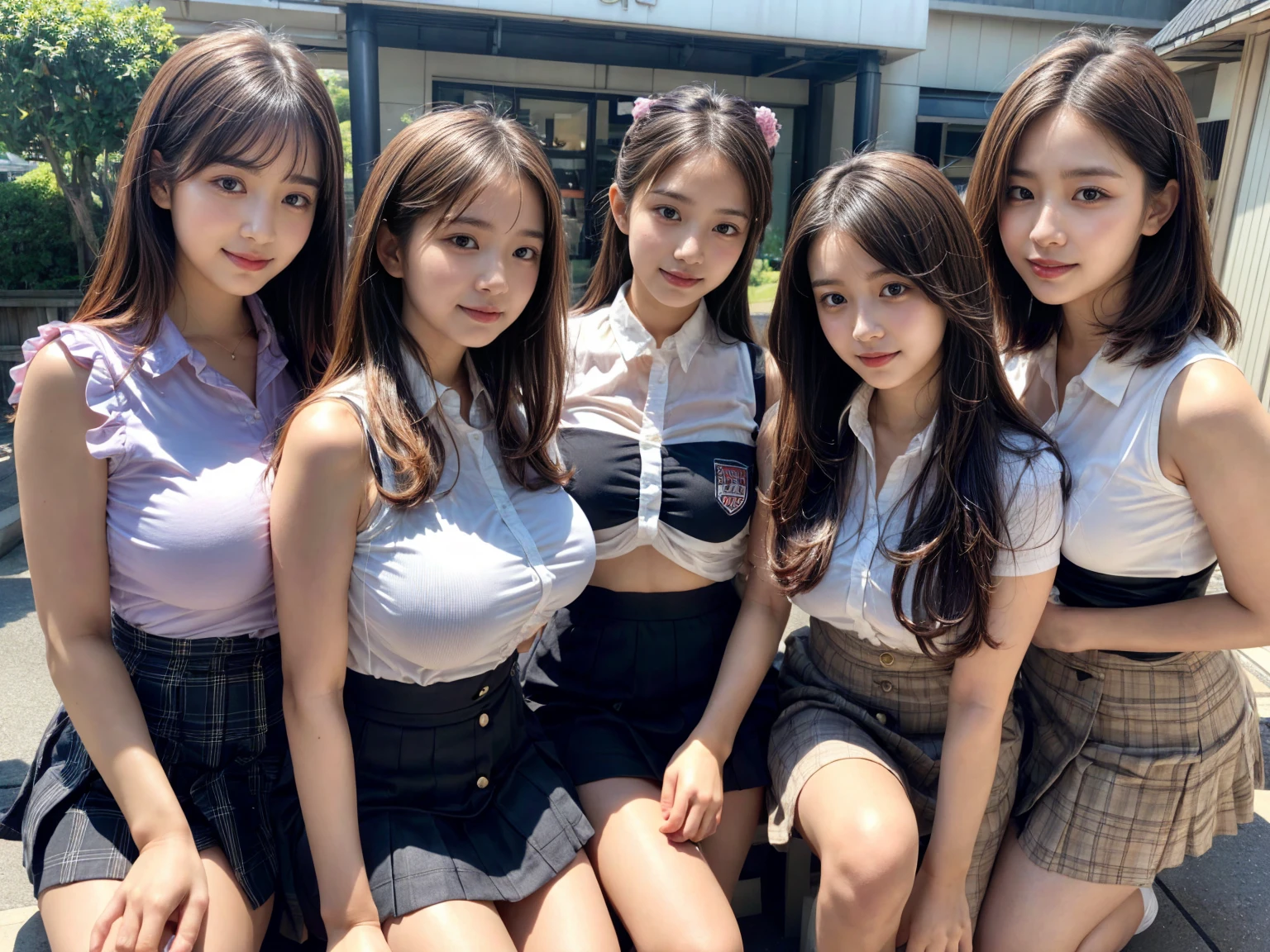masterpiece, Highest quality, figure, Very detailed, The finer details, High resolution, 8k,wallpaper, Perfect dynamic composition,(Detailed high quality, Realistic depiction of eyes:1.3), (Three Girls), A white, sleeveless, see-through, tight shirt with buttons on the collar and chest., Grey tight skirt, Seraphim, Sitting, Leg spread, Short Bob Hair, In the background a hotel room, Deep in the field, Large Breasts, Black hair color, Big Natural Color Lip, (Perfect figure), smile、Harajuku Style、Elementary school girl in Japan:1.3), Adorable expression、Expressions of happiness、10 years old、height: 145cm、Baby Face、Amazingly cute、Cute type、Beautiful feet, Idol Sculpture、(Big Breasts)、(Erect nipples:1.1)