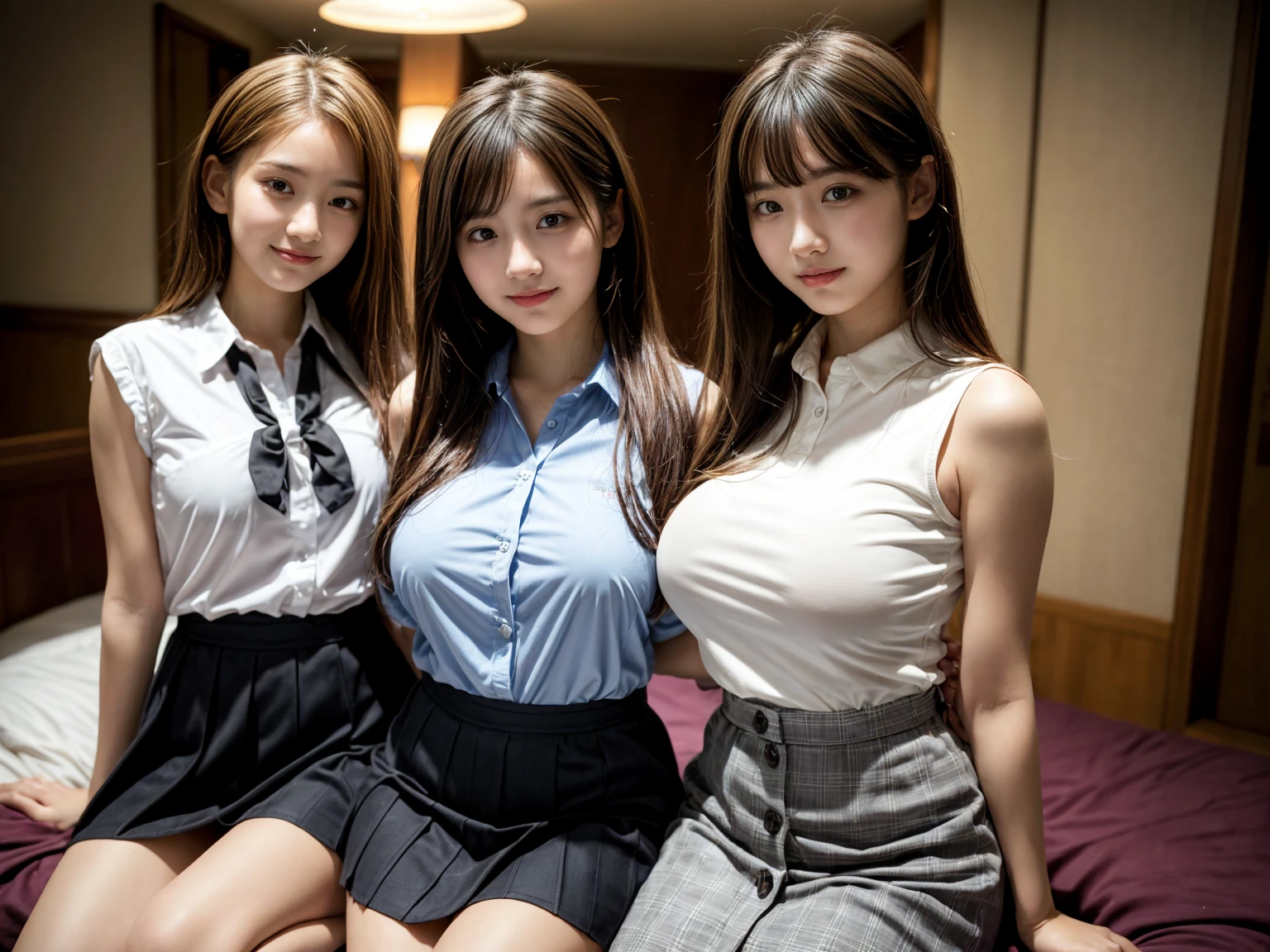 (Masterpiece, Professional lighting, 16k, 8k wallpaper, raw photo, photorealistic:1.8, ultra detailed, natural gentle lighting, detailed skin, detailed face, detailed eyes, textured skins, cinematic composition, detailed background:1.2 ), (High school girls inside bed room:1.4, luxury furniture), looking at viewer, Shy face, laughing , smiling, embarrassed, grin:0.7, silky skins, no makeup, glossy lips, group shot, (wearing white school blouse, bottomless, see through:0.9, identical school uniform), (naked :0.3), (3 girls:1 perfect style, slender), ((attractive feminine body)), laced panties, ((wearing white button up shirt, spread legs, see through)), very long hair
