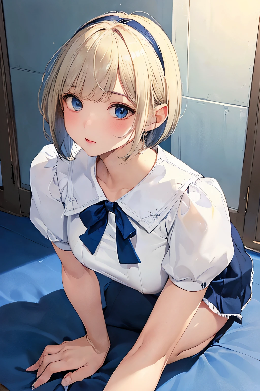 ((Highest quality)), ((masterpiece)), (detailed), Anatomically correct body shape、correct leg position、correct hand position、high school girl、White blouse、Navy Blue Skirt、Blue Eye、Blonde Bob Cut、Small breasts、Big ass、On all fours、Rest your elbows on the floor、Extend your legs and lift your hips、