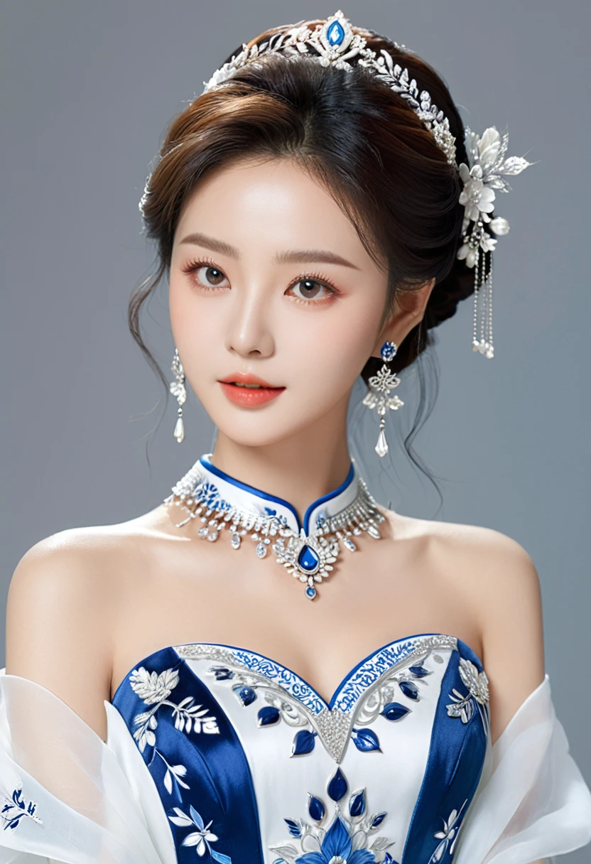 Realistic photo style, whole body 사진에 아름다운 아시아 소녀가 등장합니다., Wearing a unique ethnic style evening gown with delicate skin., bright and lively eyes, Thick eyelashes that look especially attractive. Long dresses are slim and elegant., Eye-catching silver jewelry and alcohol. The high-collar design adds an elegant atmosphere., Color of blue and white porcelain. using light and shadow, The vivid and harmonious appearance of the protagonist is highlighted... whole body, (masterpiece, best quality, professional, perfect composition, very aesthetic, absurd, very detailed, intricate details:1.3)