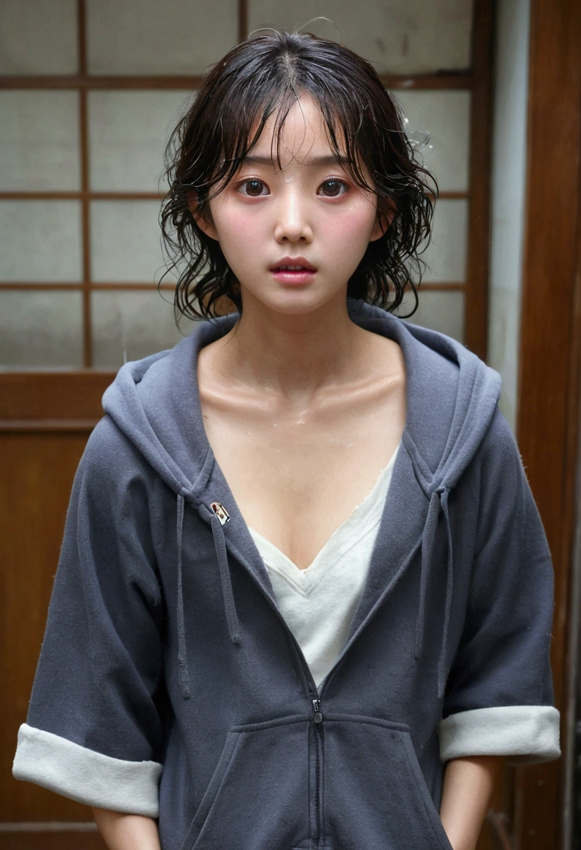 The highest image quality, tmasterpiece, super tall:1.4), Number of photos, 1 girl in,Highly Detailed Face and Skin Textur, Detailed eyes, photorealistic eye, beautiful detailed eyes, (Realistic skin), Attractive, Ultra-high sharpness, hyper realisitc, Very meticulous, the golden ratio, (sweatshirts, water leakage, that'It's too dark, be desperate, compassionate, Poor, Movie Lighting, watery big eyes, watery big eyes, (Torn clothes: 1.5), pink nipples, ((wetclothes: 1.4)), shoulder, True rain, Wet hair, ((Korea, of the whole body))