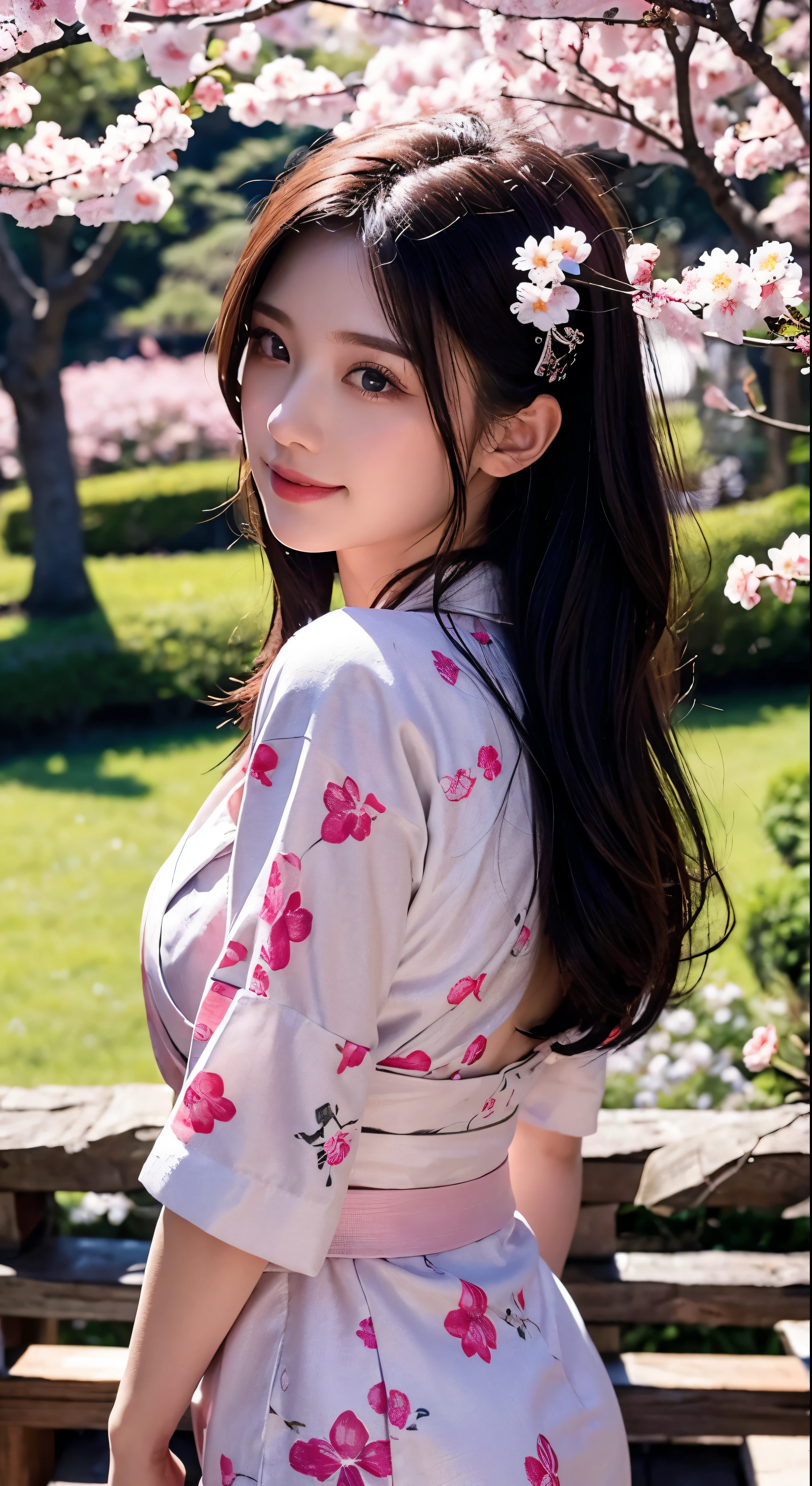 ((Highest quality))、((masterpiece))、((Real))、A girl of perfect beauty stands in a tranquil Japanese garden with cherry blossoms blooming at eye level、Facial details，Wearing a red floral kimono，Beautiful scenery、Masterpiece、(high resolution)、original、Highly detailed 8K、(Photorealistic:1.4)、Perfect Face、Perfect Eyes、Symmetrical body type、smile、