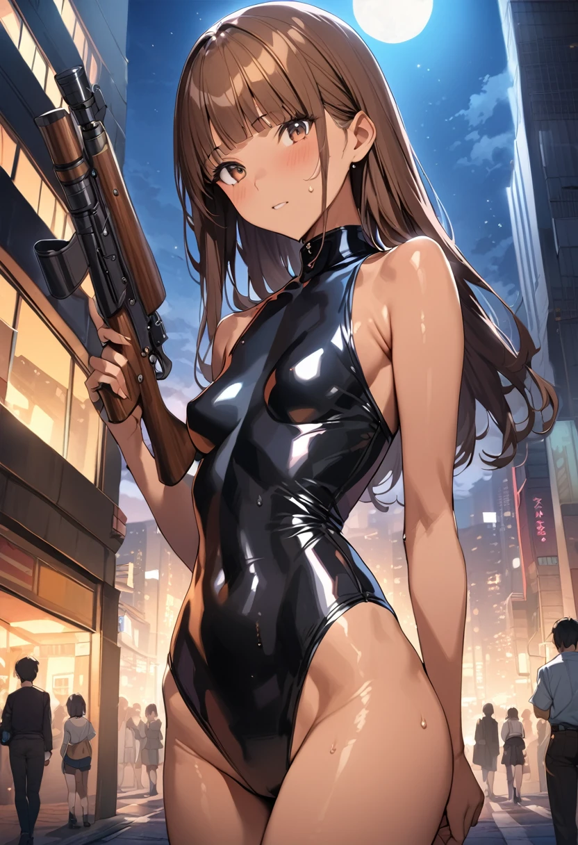 ((masterpiece,best quality anime,Highest quality:1.3)),realistic,cowboy shot,Mature Beauty,独奏,1woman,((very small head:1.3)),ideal ratio body proportions,tan skin,brown hair,bangs,straight long hair,gorgeous eyes,brown eyes,(Black bodysuit、A detailed depiction of a rifle being held in the hand),((slender body,skinny,toned body)),small breasts,sweat,gleaming skin,shiny skin,on street,rooftop of high-rise building、Shinjuku、moonlight、at night、Modern Tokyo、