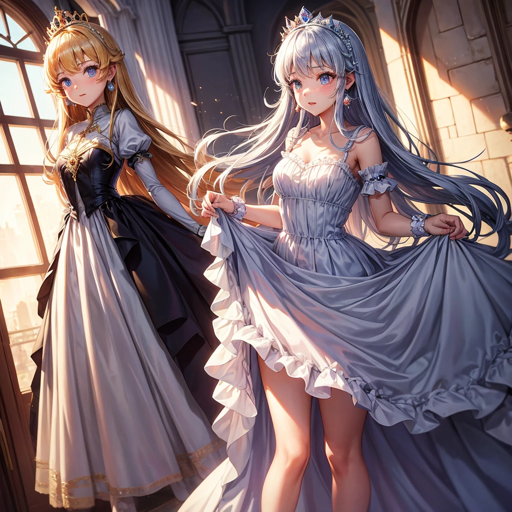 Princess, princess dress, long dress, crown , windy, stockings, dress lift, earings
