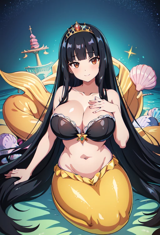 4k,hight resolution,1girl,smile,((black hair, super long hair, shiny hair, blunt bangs, hime cut)), mermaid,(huge breasts:1.1), Showing her breasts, breasts out, ((Sea shell bra,))(wearing Pareo),Princess Tiara,Pearl decoration,jewel decorations,Undersea background,under the water, fish tail, Camel toe, breasts focus,