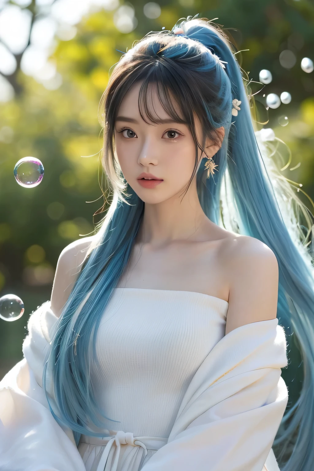 (masterpiece), (best quality), (Extremely detailed),(Disk hair),(illustration), (1 Girl), (Fashion), permanent, fashion model, Looking at the audience, (interview), (Simple background), Beautiful and delicate eyes, Exquisite beauty, floating, (High Saturation), (Colorful splash), Colored bubbles, (shine), Focus on the face, Ponytail, Kamisato Ayaka, Light blue hair, Bangs, Hair ring, floating flowers, Flowing long hair, (shining), Optimal lighting, Best shadow, whole body, Vista