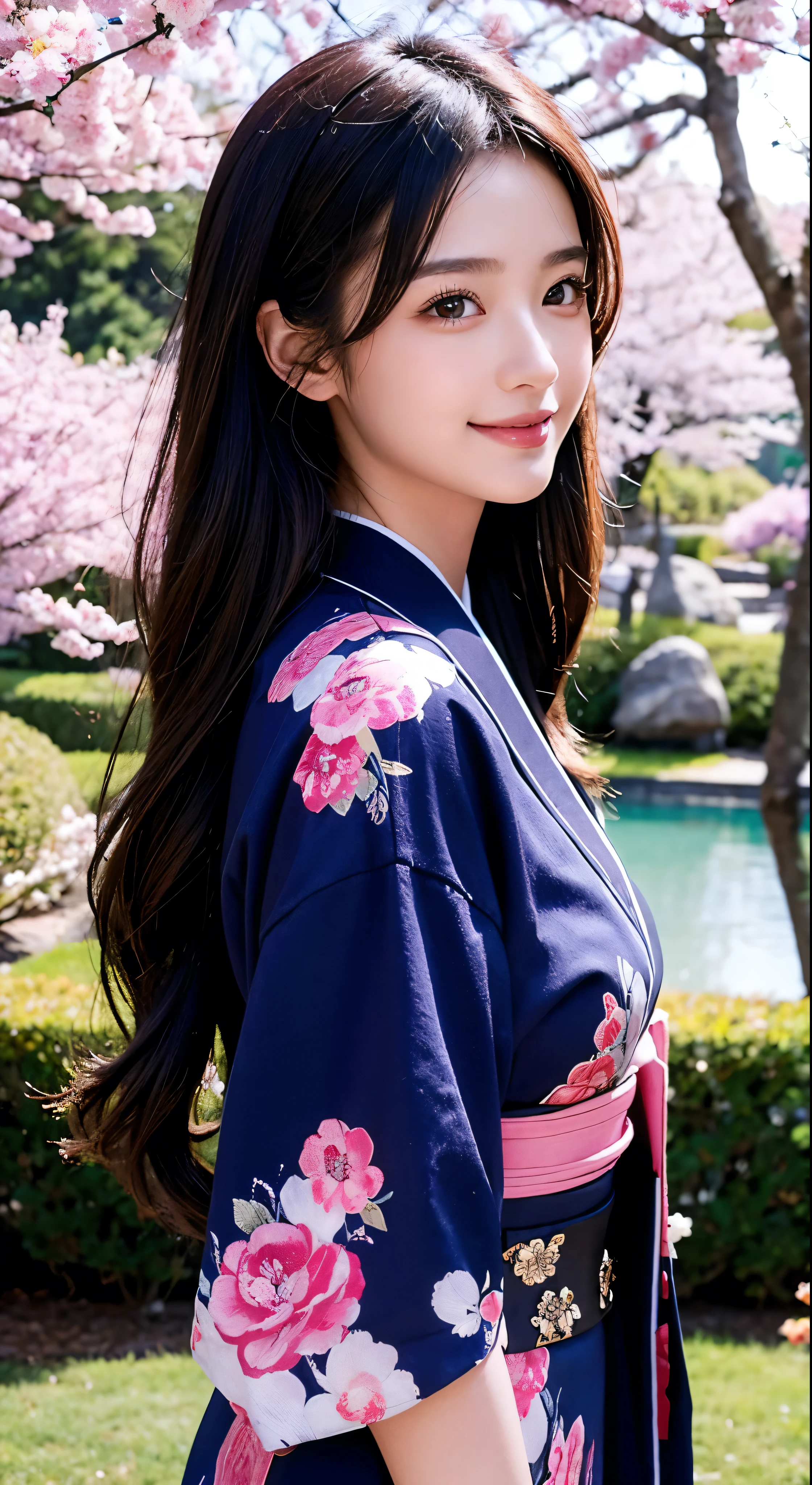 ((Highest quality))、((masterpiece))、((Real))、A girl of perfect beauty stands in a tranquil Japanese garden with cherry blossoms blooming at eye level、Facial details，Wearing a navy blue floral kimono，Beautiful scenery、Masterpiece、(high resolution)、original、Highly detailed 8K、(Photorealistic:1.4)、Perfect Face、Perfect Eyes、Symmetrical body type、smile、