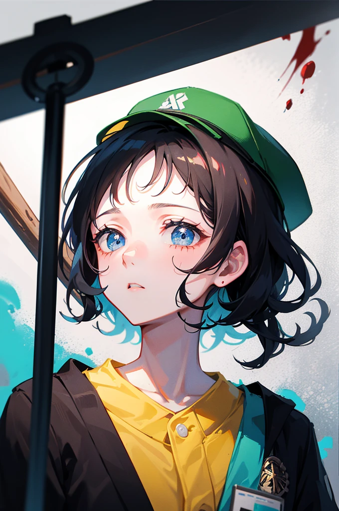 [[[[[1 female]]]]] Close up, only upper body visible, portrait, 1 female, janitor , cleaner, janitor clothes, green clothes, Clothes that reach up to the neck, jumpsuit, plain clothes, hat, wearing a baseball hat, black short hair looking bored, looking tired, blue eyes, Holding a mop on the floor
There was a lot of blood splattered on his clothes, face, and surroundings, A cleaner removing a body