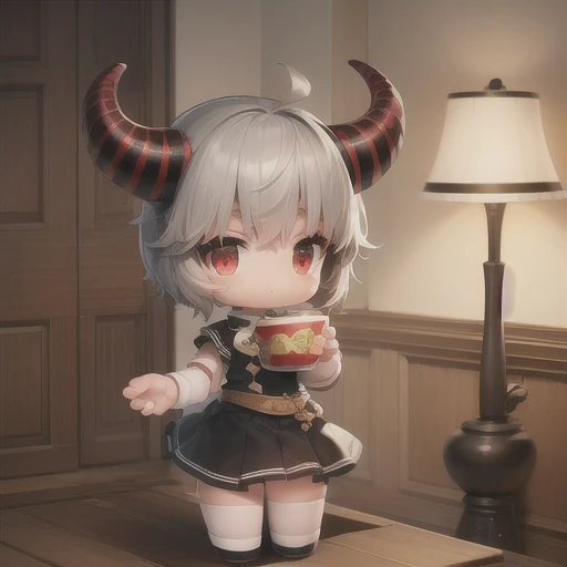 ((masterpiece, Highest quality)),(Complex lighting), alone, whole body, One girl,Red eyes, Pixie Cut ,Gray Hair, shirt, skirt, horn, Little,  Sunburn,