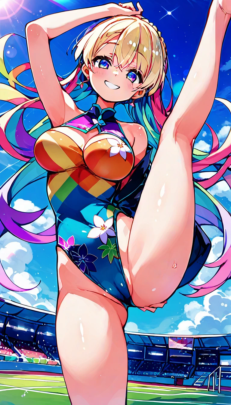expensivequality illustration, masterpiece, Very delicate and beautiful, Attractive girl,(Gymnastics leotard, Floral leotard,Long sleeve leotard with glittery embellishments,expensive_Leg leotard,athletic leotard,Tight-fitting leotards,Rainbow Gradient Leotard),thin,Slender body,slim,expensive school,Gymnasium background,Gymnastics Club,Gymnast,Princess, Beautiful Eyes、smile、Embarrassing、blush,(masterpiece, Highest quality:1.2), expensiveres, Very detailed CG ユニティ 8k 壁紙, Perfect lighting, colorful, ultra-expensive res,4K,Very detailed, photograph, 8k, High resolution, 、Big Breasts、n、太いpubic hair、pubic hair、squat、Leg spread、Back view、Butt