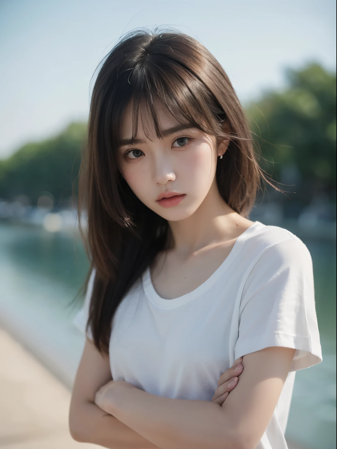 (8k, Top quality, Masterpiece:1.2), (Realistic, photo-realistic:1.37), Super detailed, perfect anatomy, cute, small eyes, 18 years old, a Japanese, girl, angry, frown, furious, rage, crossed arms, bangs,