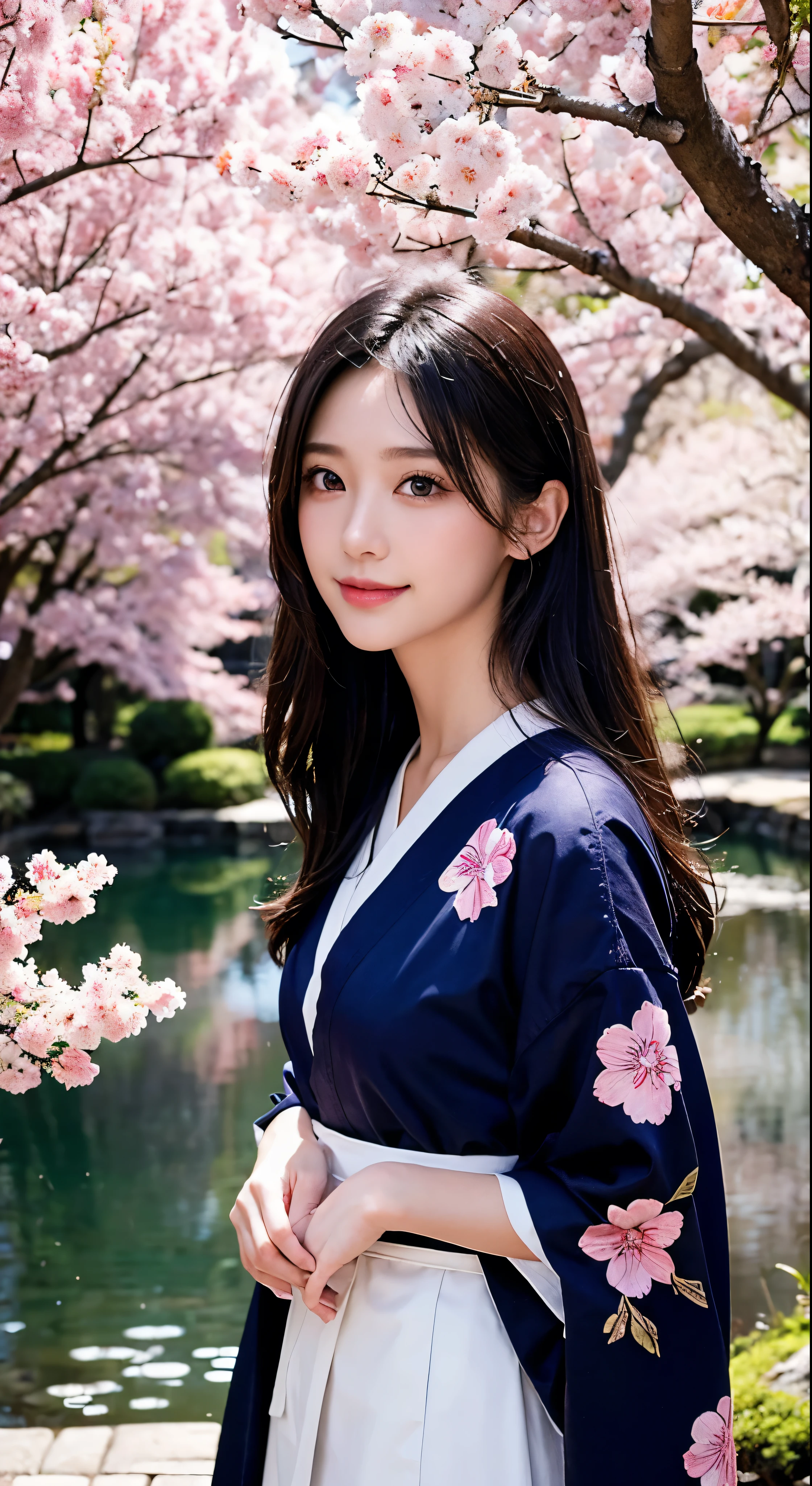 ((Highest quality))、((masterpiece))、((Real))、A girl of perfect beauty stands in a tranquil Japanese garden with cherry blossoms blooming at eye level、Facial details，Wearing a navy blue floral kimono，Beautiful scenery、Masterpiece、(high resolution)、original、Highly detailed 8K、(Photorealistic:1.4)、Perfect Face、Perfect Eyes、Symmetrical body type、smile、