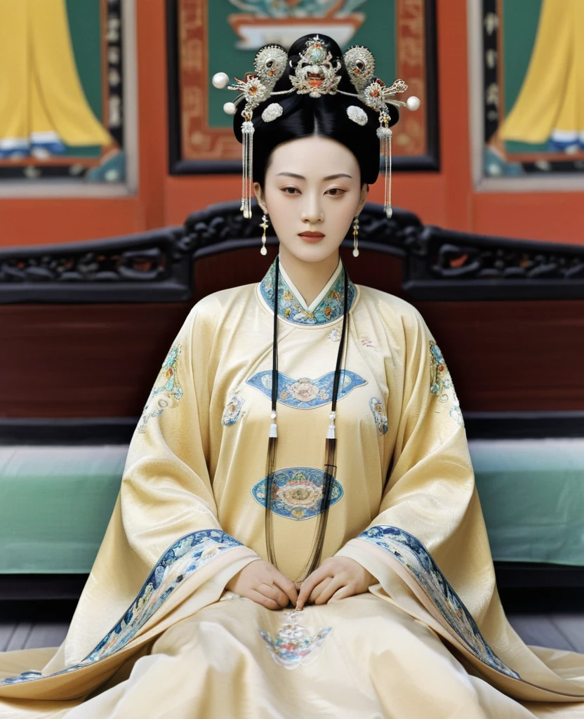 Empress of the Qing Dynasty sitting ????? she's spreadiher in the Chinese court Empress of the Qing Dynasty Empress of China wearing a crown the size of an empress in China with her hair tied back and up in the background outside the Qing Dynasty