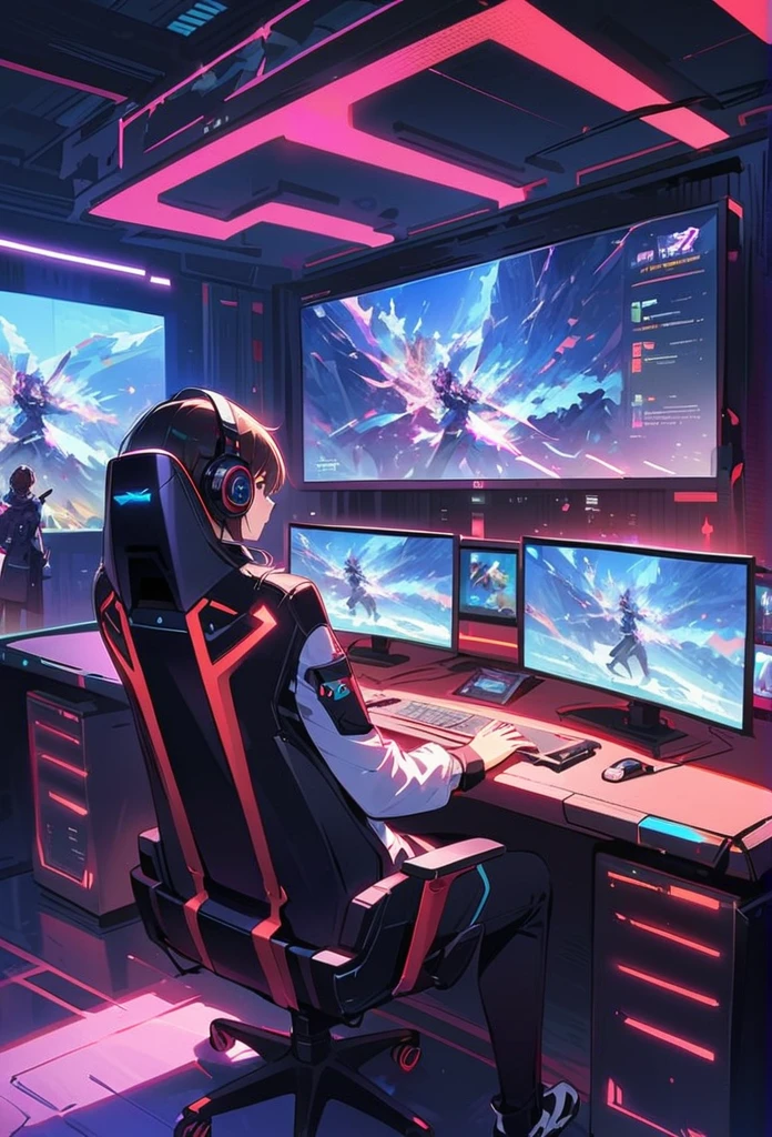 In the future, envision an innovative and cutting esports room designed specifically for gaming enthusiasts. Picture a space that combines advanced technology, sleek aesthetics, and optimal comfort to create the ultimate gaming experience.Visualize a room filled with state-of-the-art gaming equipment, including high-performance gaming PCs, immersive virtual reality setups, and ultra-responsive gaming consoles. The room is equipped with top-tier gaming peripherals such as high-refresh-rate monitors, ergonomic gaming chairs, and customizable lighting systems that enhance the gaming atmosphere.Imagine a futuristic design that embraces minimalism and sleekness. The room features clean lines, futuristic materials, and a color scheme that creates a visually striking and immersive environment. The walls may be adorned with LED panels that display dynamic visuals, enhancing the gaming ambiance and providing an interactive element.Envision a room that is acoustically optimized, ensuring crystal-clear sound and minimizing distractions. Surround sound systems and noise-canceling technology create an immersive audio experience, allowing gamers to fully immerse themselves in the virtual world.Picture a layout that promotes collaboration and competition. The room can be divided into dedicated gaming zones individual pods, each equipped with its own gaming setup. This allows gamers to engage in multiplayer matches, team-based competitions, or individual gaming sessions, fostering a sense of community and healthy competition. Consider the integration of AI assistants or voice command systems that provide real-time game analysis, offer strategic suggestions, or assist with in-game tasks.
