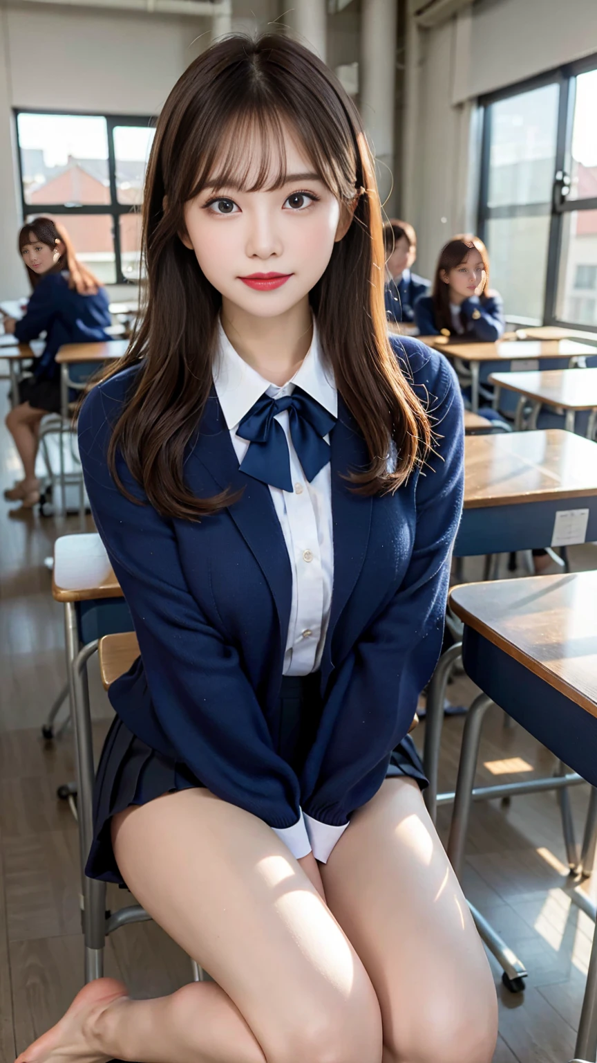 (Masterpiece, Masterpiece, 8k), One beautiful woman, long chestnut-colored hair, Loose fluffy curls, Natural Makeup, blue eyes, A blue ribbon in her hair, High School Outfit, Black blazer, Dark navy pleated skirt, Blue tie, Medium breast, Thighs, barefoot, In the classroom, Serious expression, High resolution, Blur the background, (Smile), Medium Bust, Classroom with sunset,