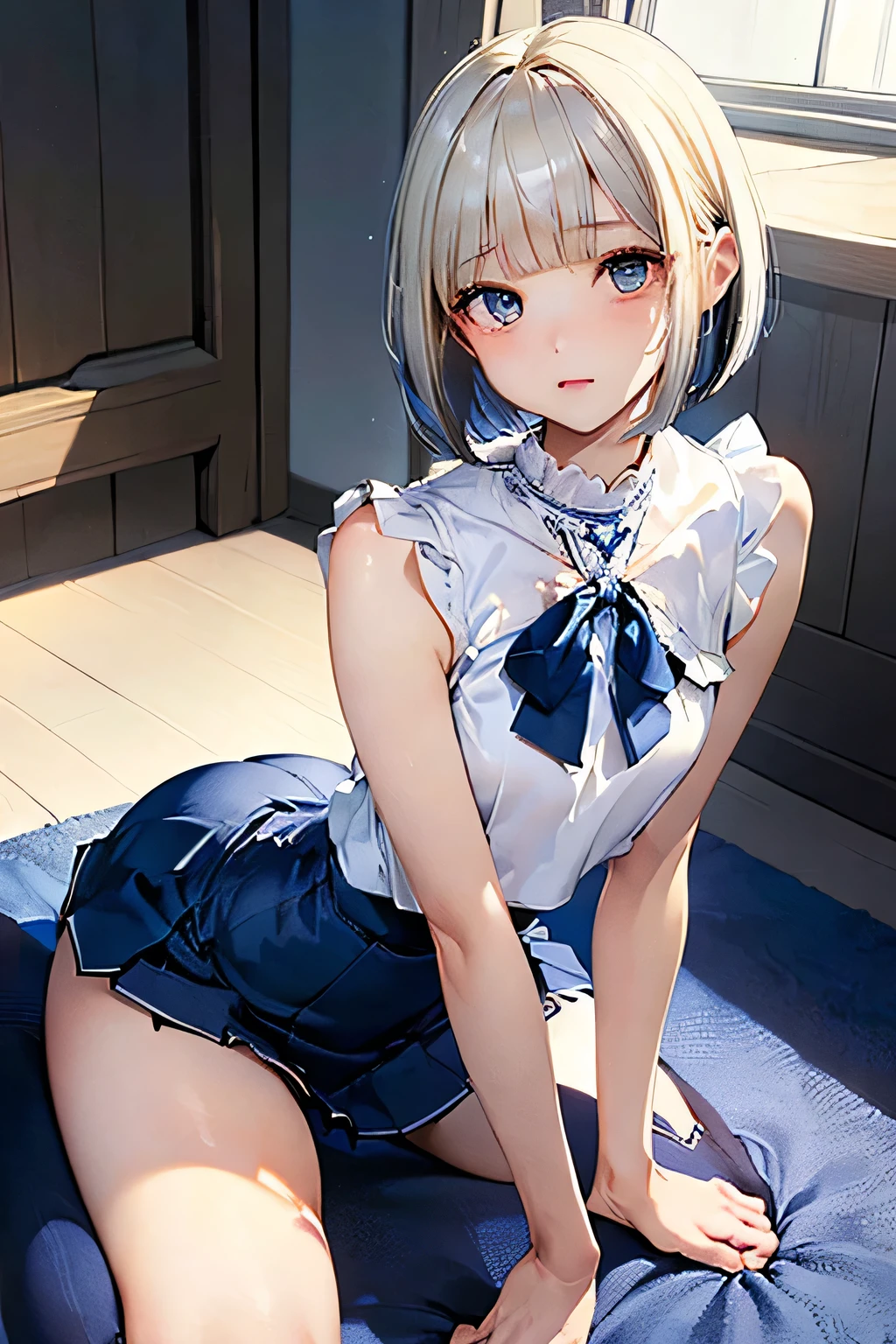 ((Highest quality)), ((masterpiece)), (detailed), Anatomically correct body shape、correct leg position、correct hand position、high school girl、White blouse、Navy Blue Skirt、Blue Eye、Blonde Bob Cut、Small breasts、Big ass、On all fours、Rest your elbows on the floor、Extend your legs and lift your hips、