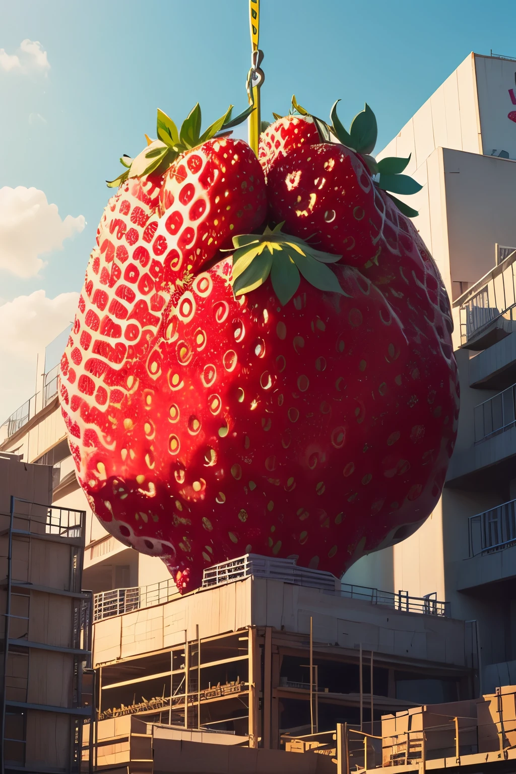 best quality, high resolution, ultra detailed, Huge (strawberry-shaped structure:1.2), (Strawberry motif:1.2), under construction, scaffolding, workers, foreman with drawings, crane, building materials, 