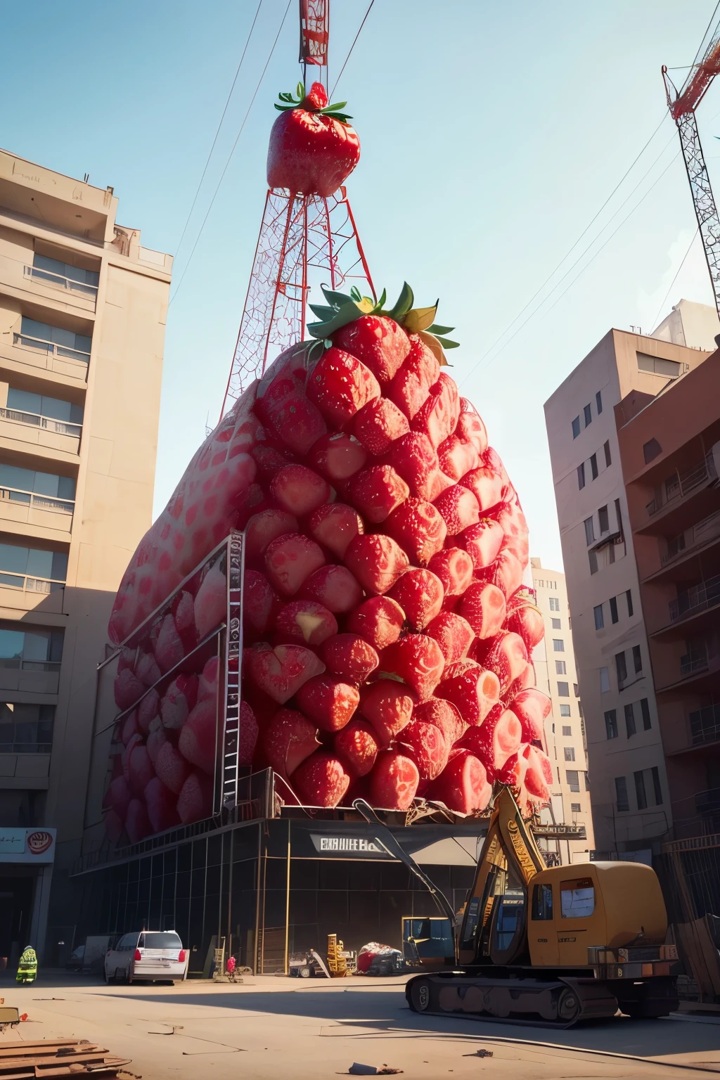 best quality, high resolution, ultra detailed, Huge (strawberry-shaped structure:1.2), (Strawberry motif:1.2), under construction, scaffolding, workers, foreman with drawings, crane, building materials, 