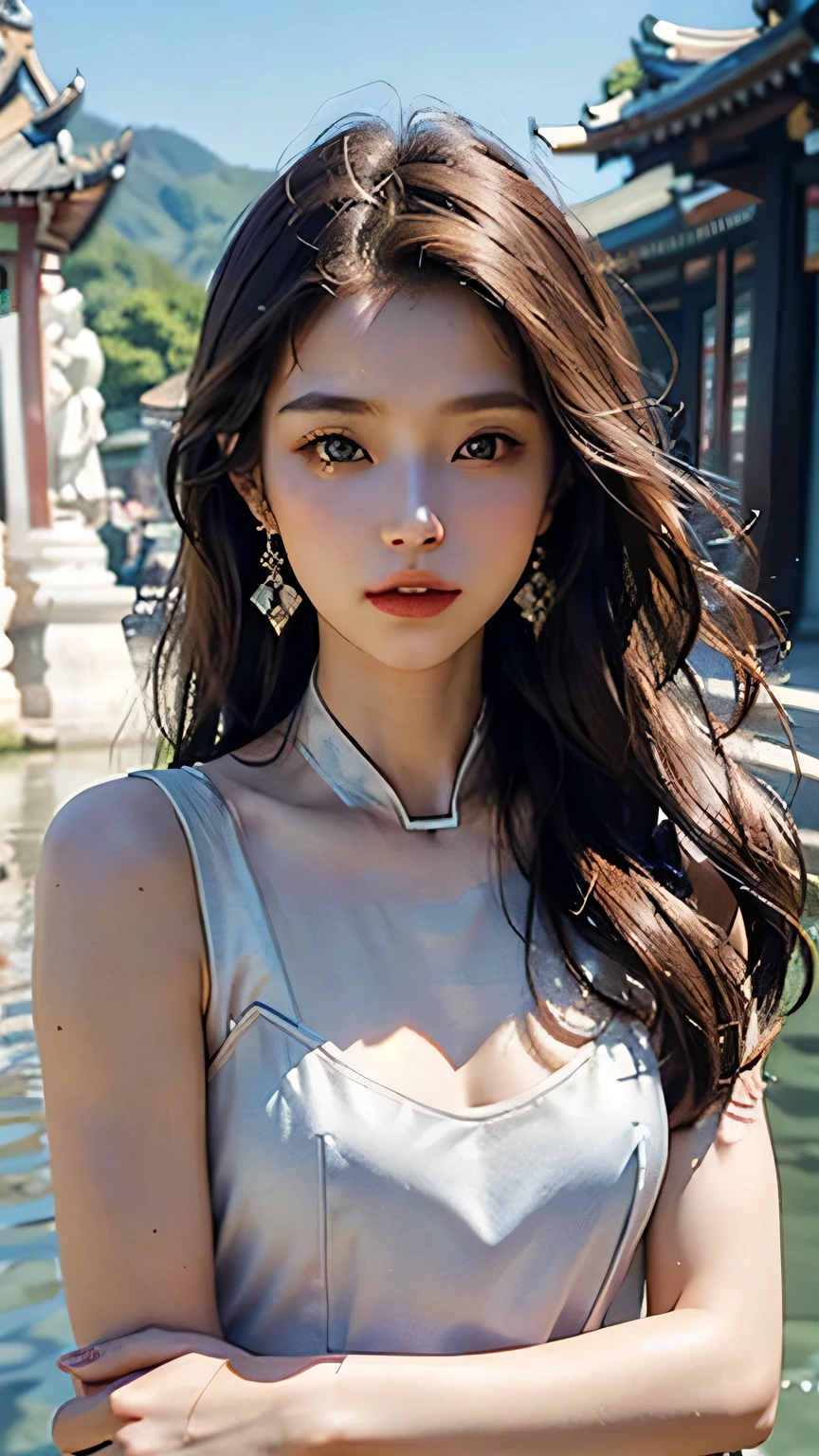(Best Quality: 1.3, Masterpiece: 1.3), Ultra HD, (1girl, solo), atmospheric perspective, fine face, upper body, makeup, pink lips, cleft lips, shiny skin, (brown hair), extra long hair, looking in front of the audience, red eyes, earrings, small breasts, slim figure, (white silk), (((East Asian architecture, riverside, beautiful background))), perfect lighting, (frontal lighting), physical base rendering,
