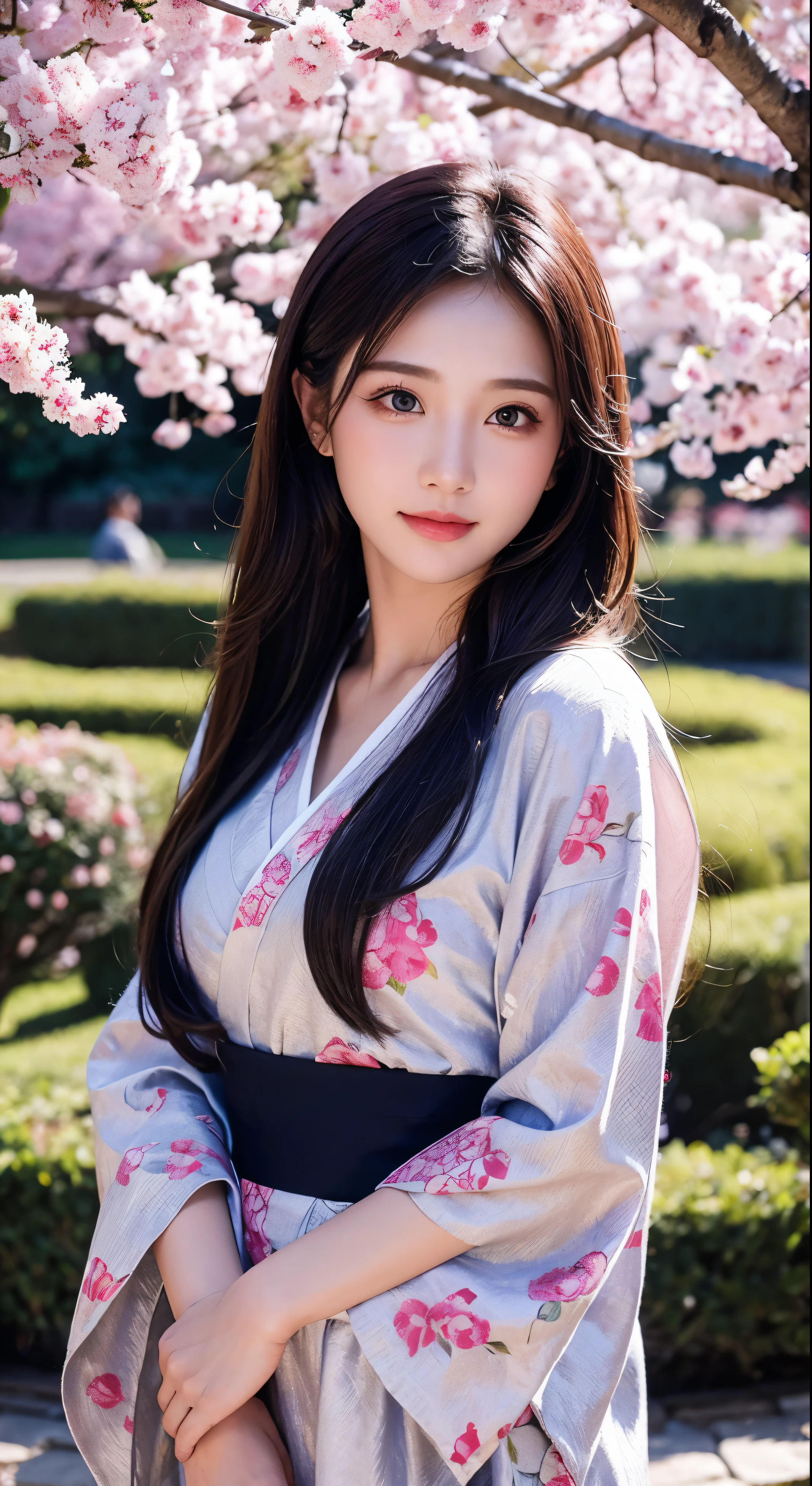 ((Highest quality))、((masterpiece))、((Real))、A girl of perfect beauty stands in a tranquil Japanese garden with cherry blossoms blooming at eye level、Facial details，Wearing a navy blue floral kimono，Beautiful scenery、Masterpiece、(high resolution)、original、Highly detailed 8K、(Photorealistic:1.4)、Perfect Face、Perfect Eyes、Symmetrical body type、smile、