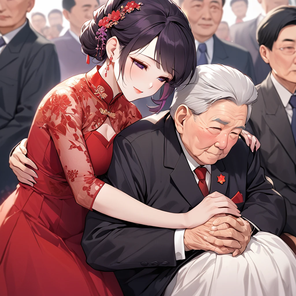 ((Highest quality)), ((masterpiece)), (detailed), （Perfect Face）、The woman is a Chinese woman named Kocho Shinobu.。, Purple gradient bob black hair and formal evening hairstyles. She is wearing an engagement ring. She is a prominent member of the Chinese Communist Party.、She is the wife of a great old Communist Party official.、The woman is wearing a gorgeous red wedding dress that is typical of the Chinese Communist Party.、She is seen hugging and kissing a dignified elderly Communist Party official in a loving wedding ceremony.。