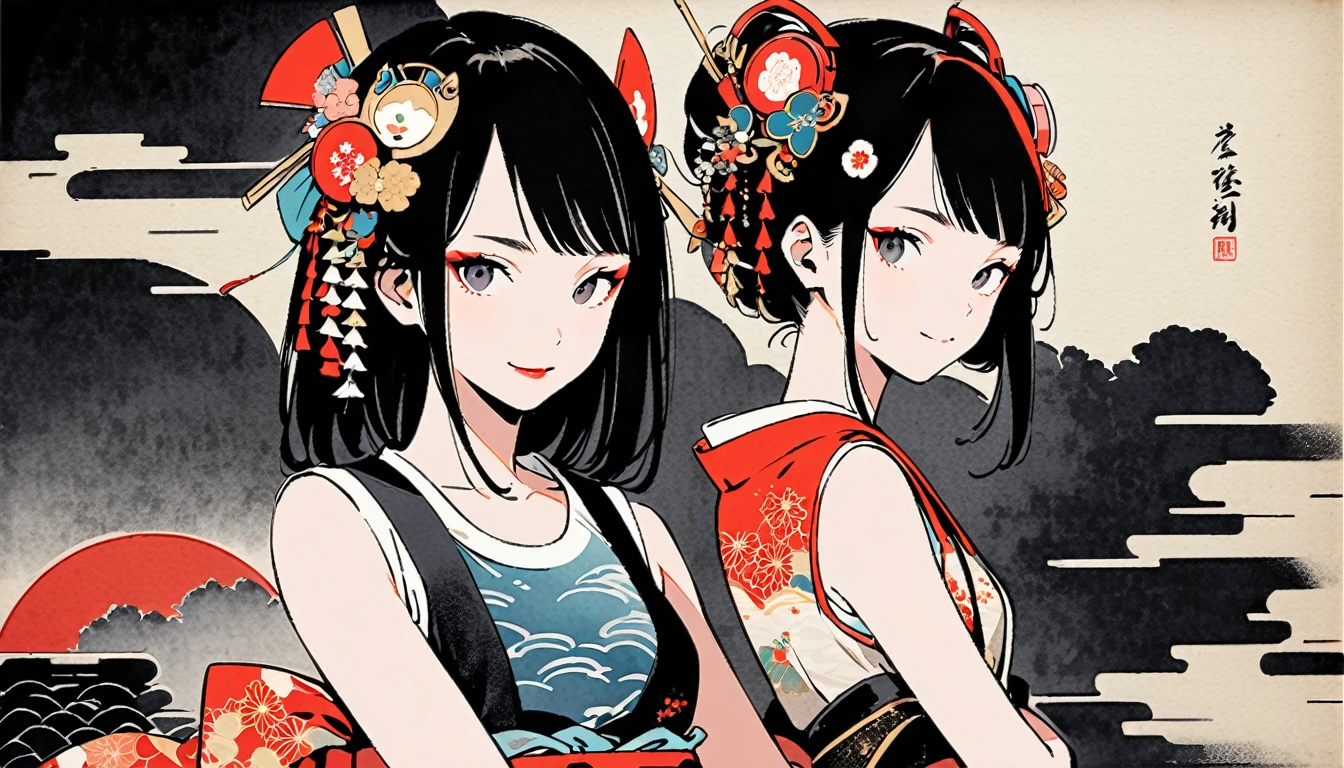 (((Ink Painting))), Fashion portrait color photos, (((twins))), (((Japanese pattern tank top))), (((Very flashy hair accessories))), (((Very flashy makeup))), Japanese style headphones, smile, front view, Japan人の美少女, Black Hair, Delicate and precise, Modern ukiyo-e style,Japan, Japanese flag
