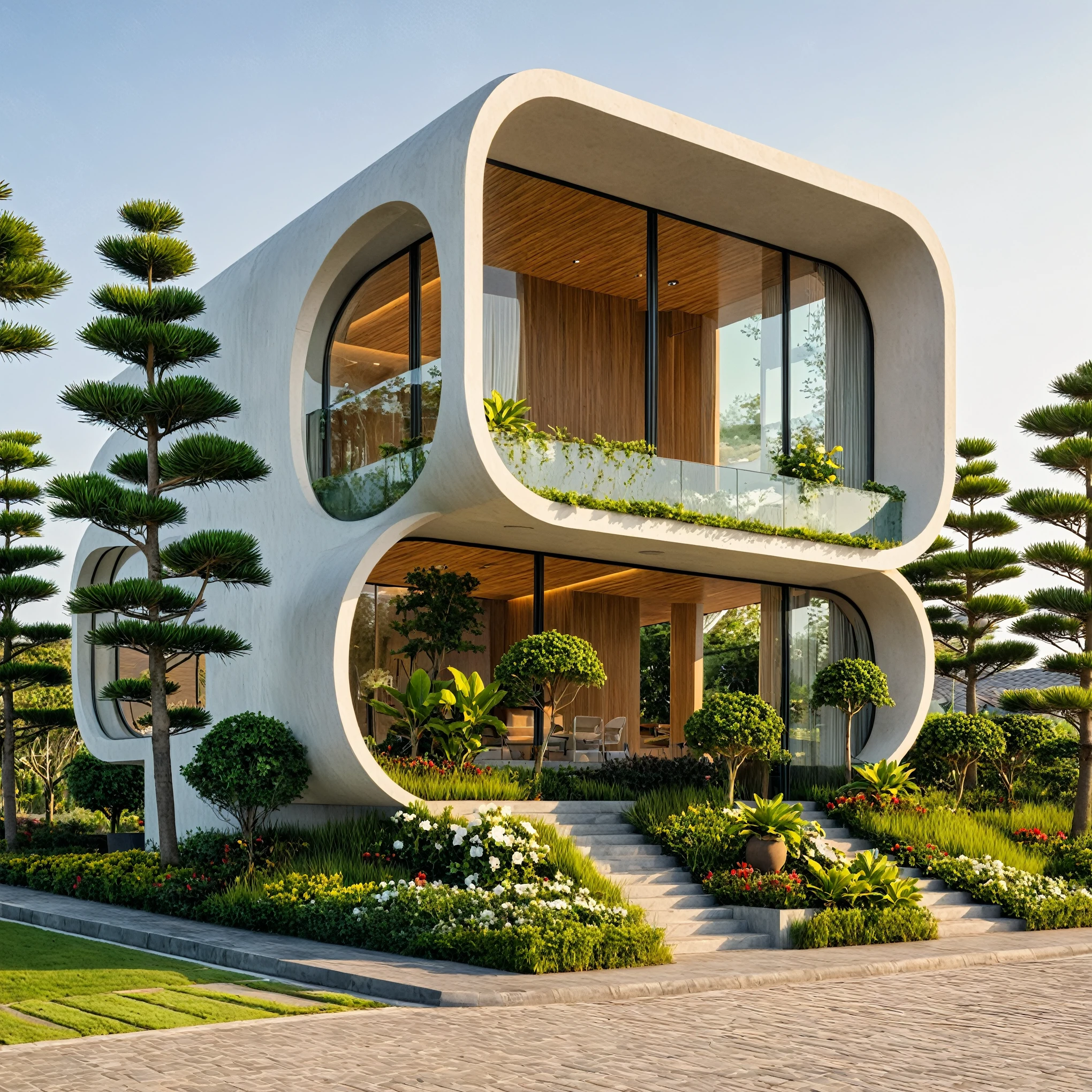 Boss of'ouvrages d'art, high quality, best quality, authentique, Great detail, En plein air, plain-piedVilla XL, groupe, style de maison moderne dans la rue ,stairs, white wall ,road,pavement, grass, trees, sky, clouds, (day light:1.1)