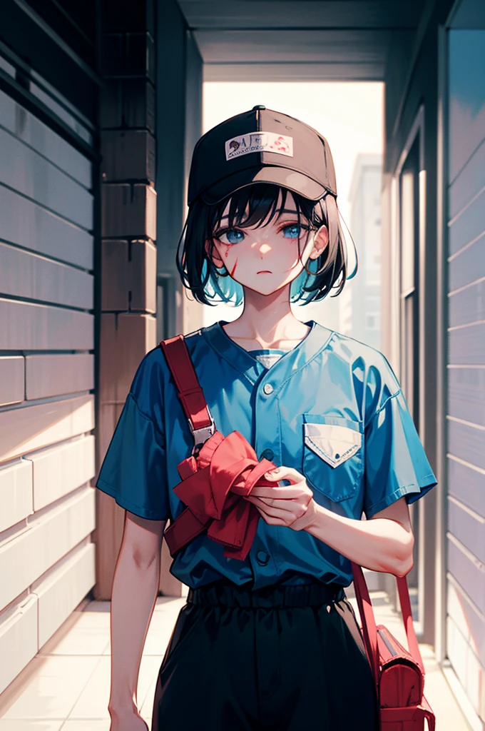 [[[[[1 female]]]]] Close up, only upper body visible, portrait, 1 female, janitor , cleaner, janitor clothes, green clothes, Clothes that reach up to the neck, jumpsuit, plain clothes, hat, wearing a baseball hat, black short hair looking bored, looking tired, blue eyes, Holding a mop on the floor
There was a lot of blood splattered on his clothes, face, and surroundings, A cleaner removing a body