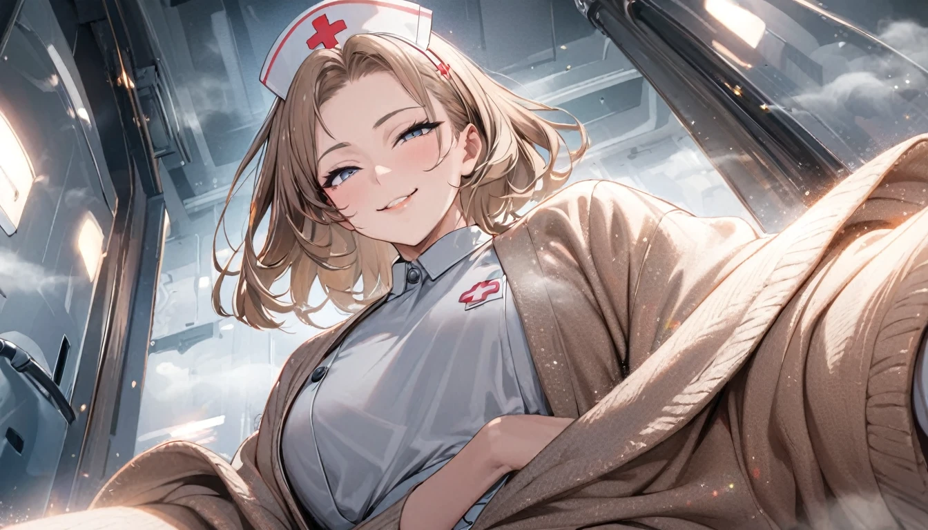 From below, Portraiture, Kind and beautiful nurse, Cool face, A shy smile, Superb proportions, She is wearing a loose cardigan over her nurse uniform., Glitter effect, fog effect、smug face、Cowboy Shot