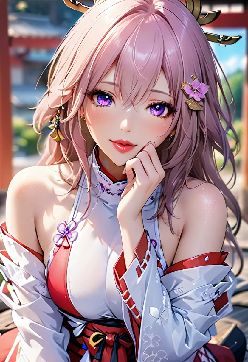 1girl, (ulzzang-6500:0.7), kpop idol, yae miko, bikini, detached sleeves, bare shoulders, pink hair, long hair, bikini, best quality, (painting:1.5), (hair ornament:1.35), jewelry, purple eyes, earrings, breasts, torii, cherry blossoms, lantern light, depth of field, detailed face, face focus, ribbon_trim, (looking at viewer:1.25), nontraditional miko, shiny skin, long sleeves, smile, thick lips, game cg, hands on lips, east asian architecture, (blurry background:1.2), sitting, upper body, bikini