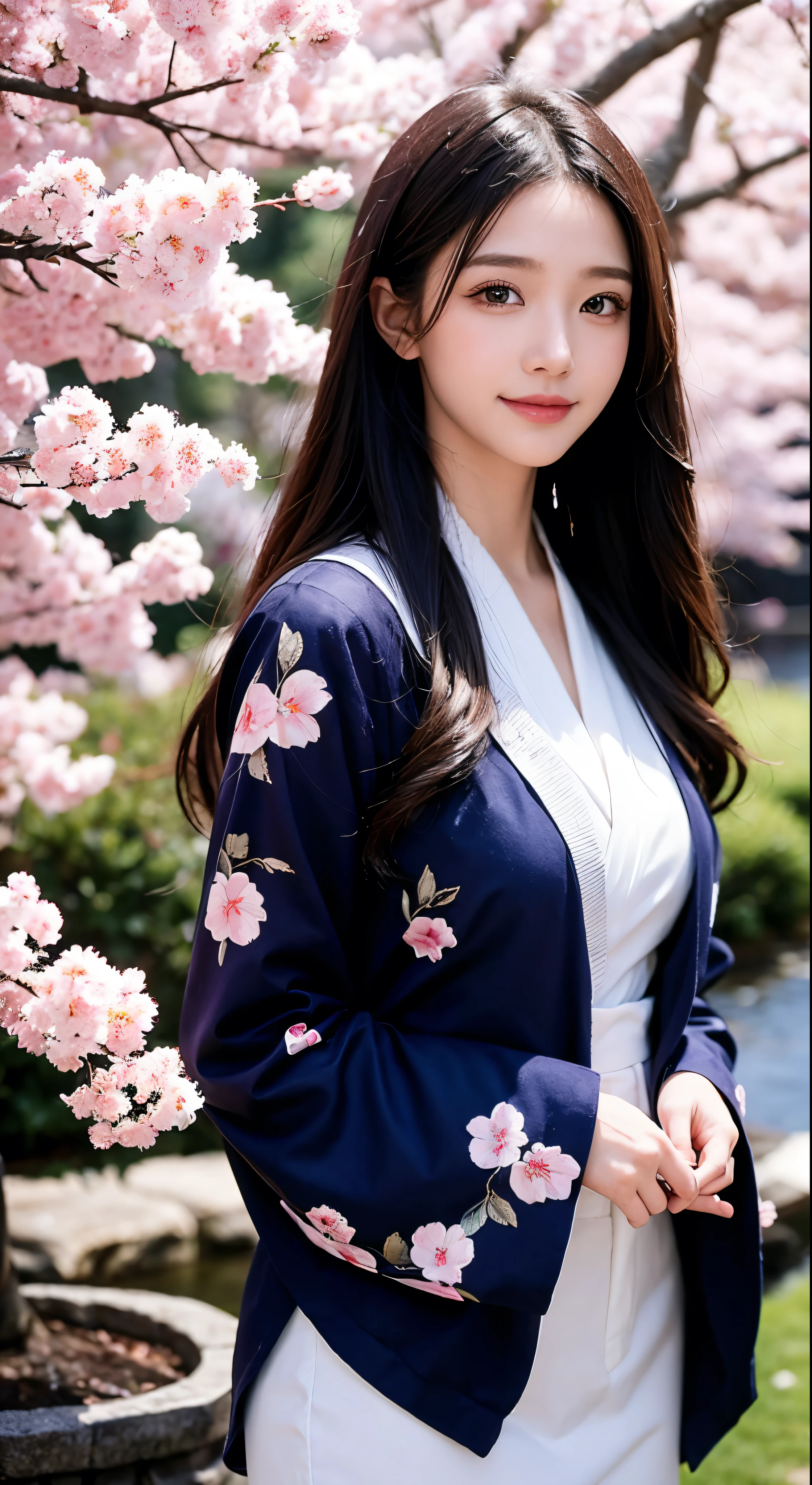 ((Highest quality))、((masterpiece))、((Real))、A girl of perfect beauty stands in a tranquil Japanese garden with cherry blossoms blooming at eye level、Facial details，Wearing a navy blue floral kimono，Beautiful scenery、Masterpiece、(high resolution)、original、Highly detailed 8K、(Photorealistic:1.4)、Perfect Face、Perfect Eyes、Symmetrical body type、smile、