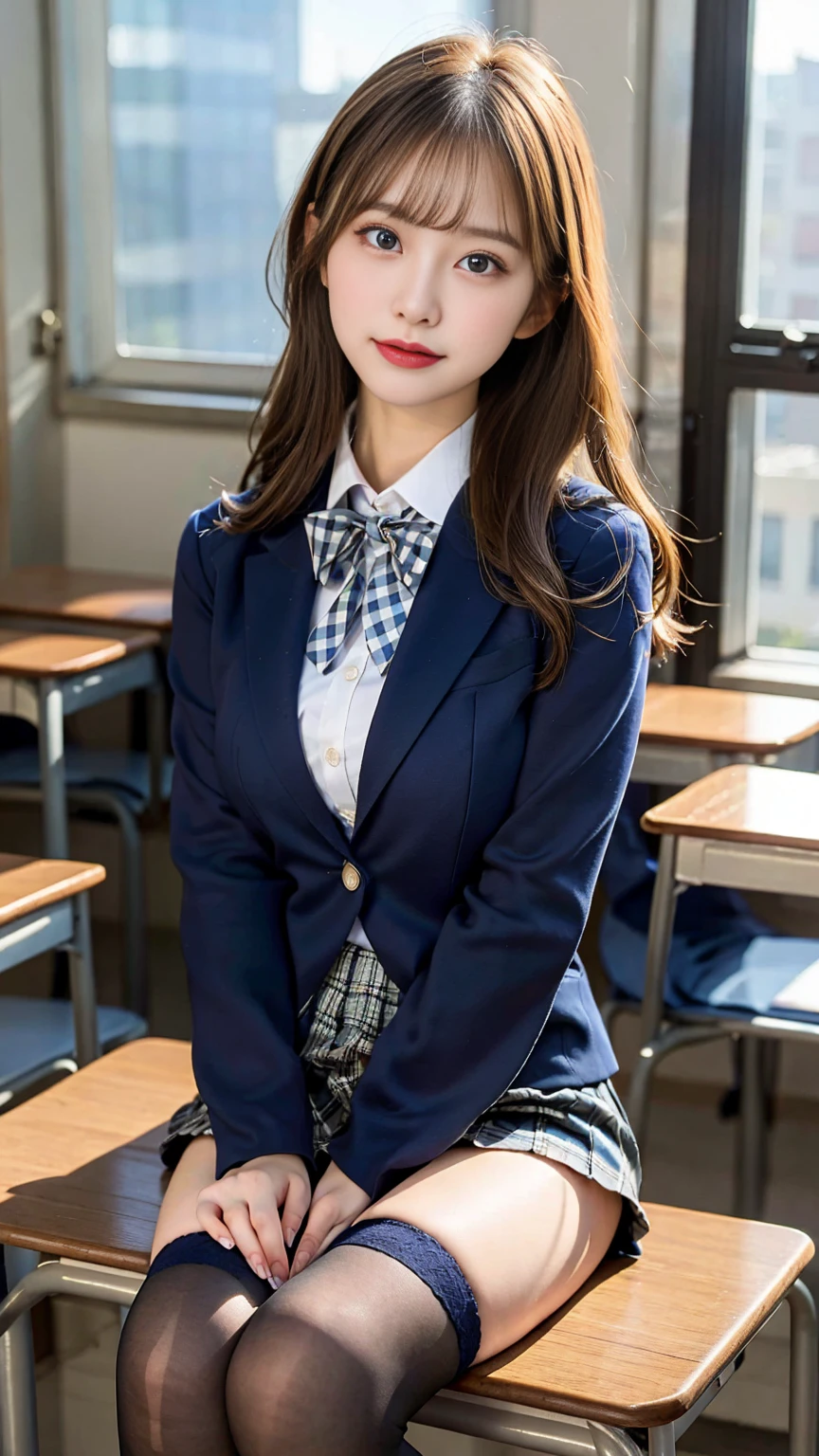 (Masterpiece, Masterpiece, 8k), One beautiful woman, Long blonde hair, blue eyes, A blue ribbon in her hair, High School Outfit, Black blazer, Checkered pleated skirt, Blue tie, Big Breasts, Thighs, Wearing high stockings, In the classroom, Serious expression, High resolution, Blur the background, Smile, Medium Bust