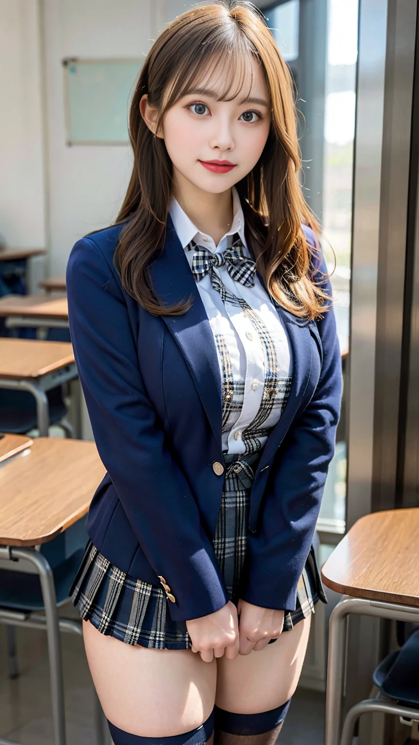 (Masterpiece, Masterpiece, 8k), One beautiful woman, Long blonde hair, blue eyes, A blue ribbon in her hair, High School Outfit, Black blazer, Checkered pleated skirt, Blue tie, Big Breasts, Thighs, Wearing high stockings, In the classroom, Serious expression, High resolution, Blur the background, Smile, Medium Bust