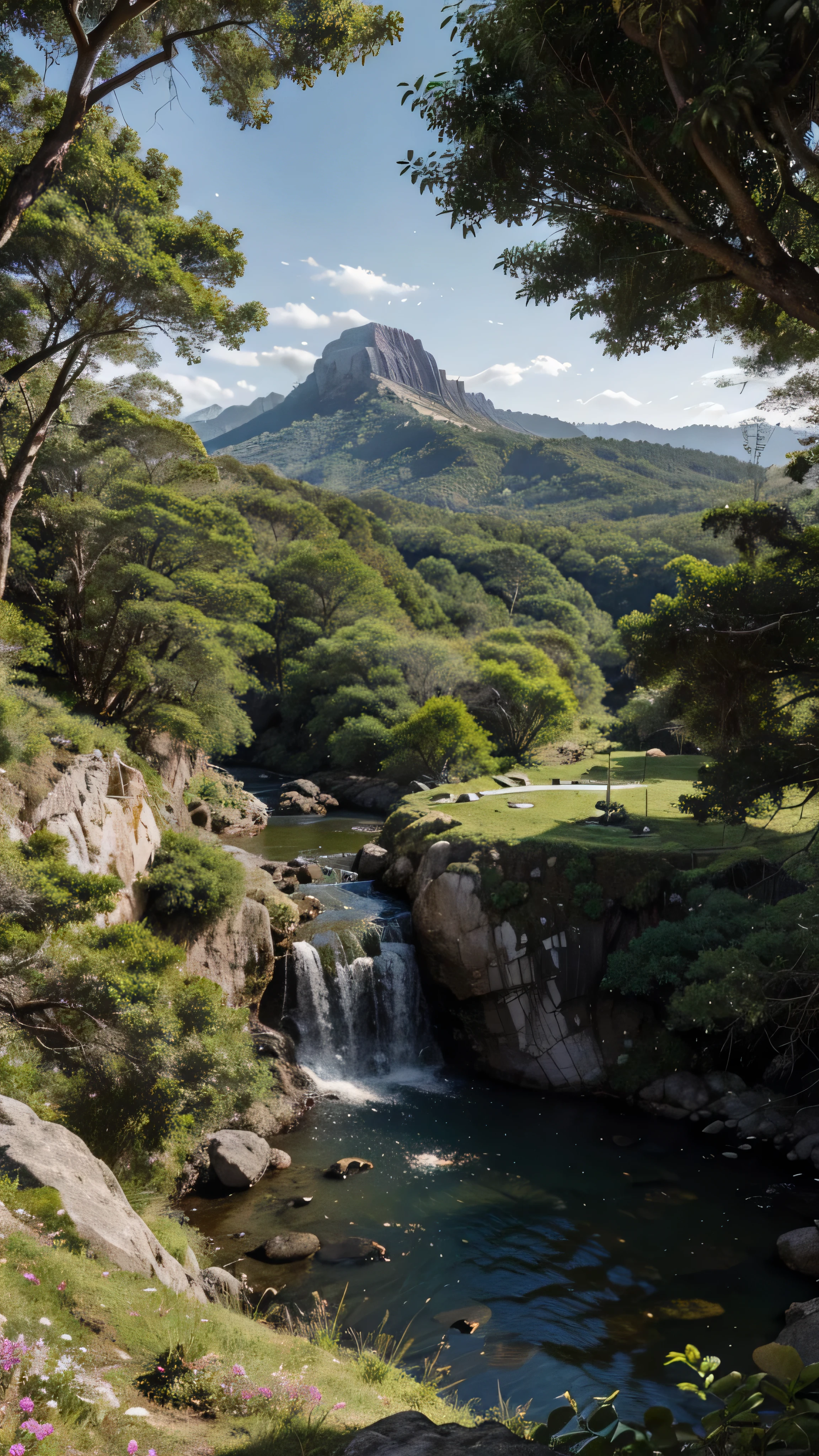 Create a stunning and richly detailed image of a stone mountain viewed from above a lush valley. The mountain should be covered with various plants, showcasing dense and vibrant vegetation. At the top of the mountain, a majestic solitary tree should stand out, with its roots visibly intertwining with the rocks, symbolizing strength and resilience. The scene should be illuminated by the soft light of dawn, with subtle shadows enhancing the texture of the stones and the foliage of the plants. The valley below should be covered in a verdant carpet, with small streams winding between the plants, adding a touch of serenity to the landscape. Additional details such as wildflowers, small shrubs, and perhaps some native animals discreetly positioned can further enrich the scene

INFO
