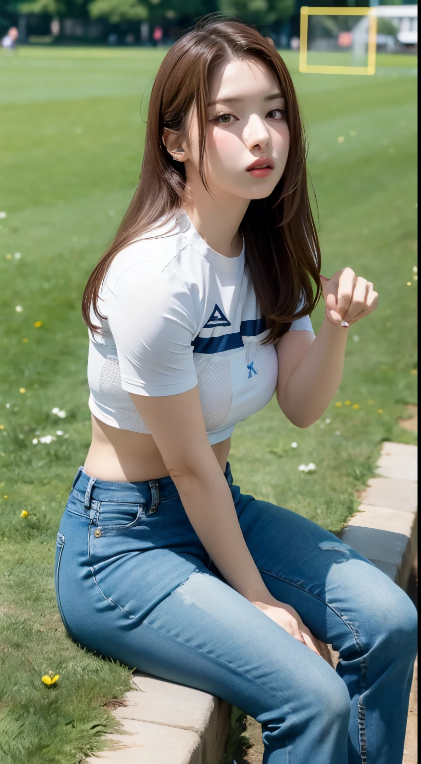 ((masterpiece)), ((best quality)), (ultra-detailed),solo, beautiful light brown hair, long brown hair , ((beautiful eyes)), (gigantic :1.2) ,football jersey top and jeans pants,  put hands behind back, sitting down on the grass,  in the park, nsfw, ((perfect hands and fingers)) 