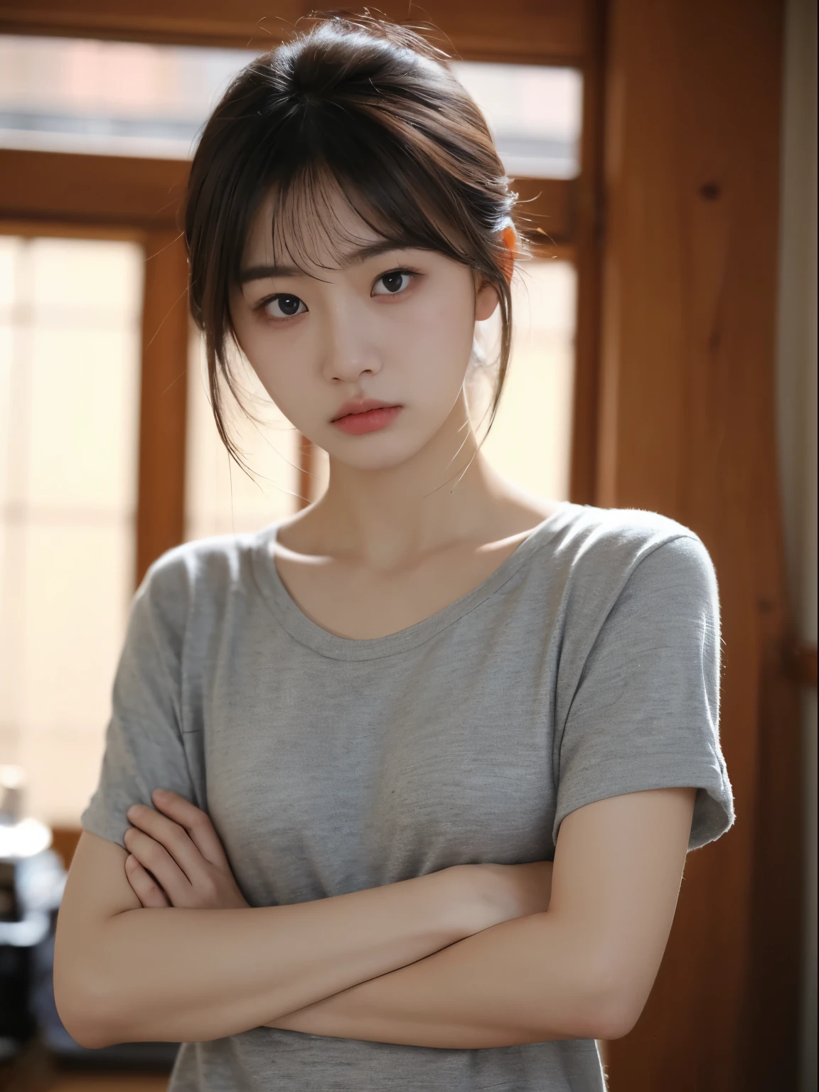 (8k, Top quality, Masterpiece:1.2), (Realistic, photo-realistic:1.37), Super detailed, perfect anatomy, cute, small eyes, 18 years old, a Japanese, girl, angry, frown, furious, rage, crossed arms, bangs,