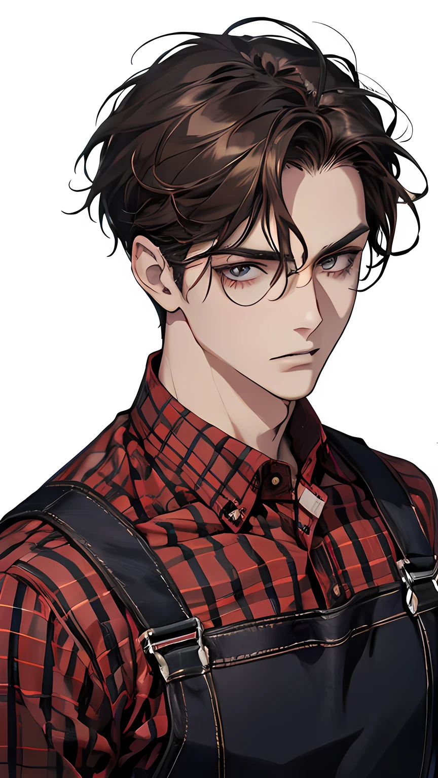 Portrait, central, directly facing the viewer  , frontal ,standing , killer, male focus , v-taper body,  rough{cut short hairstyle, very dark brown hair, male focus, mature
 Empty eyes, rings under the eyes, pale skin, sharp teeth} (handsome) , pretty perfect face, wearing a red and black checked flannel shirt, blue dungarees , BREAK (masterpiece) best quality, highest detail, superior quality, natural lighting, white background 